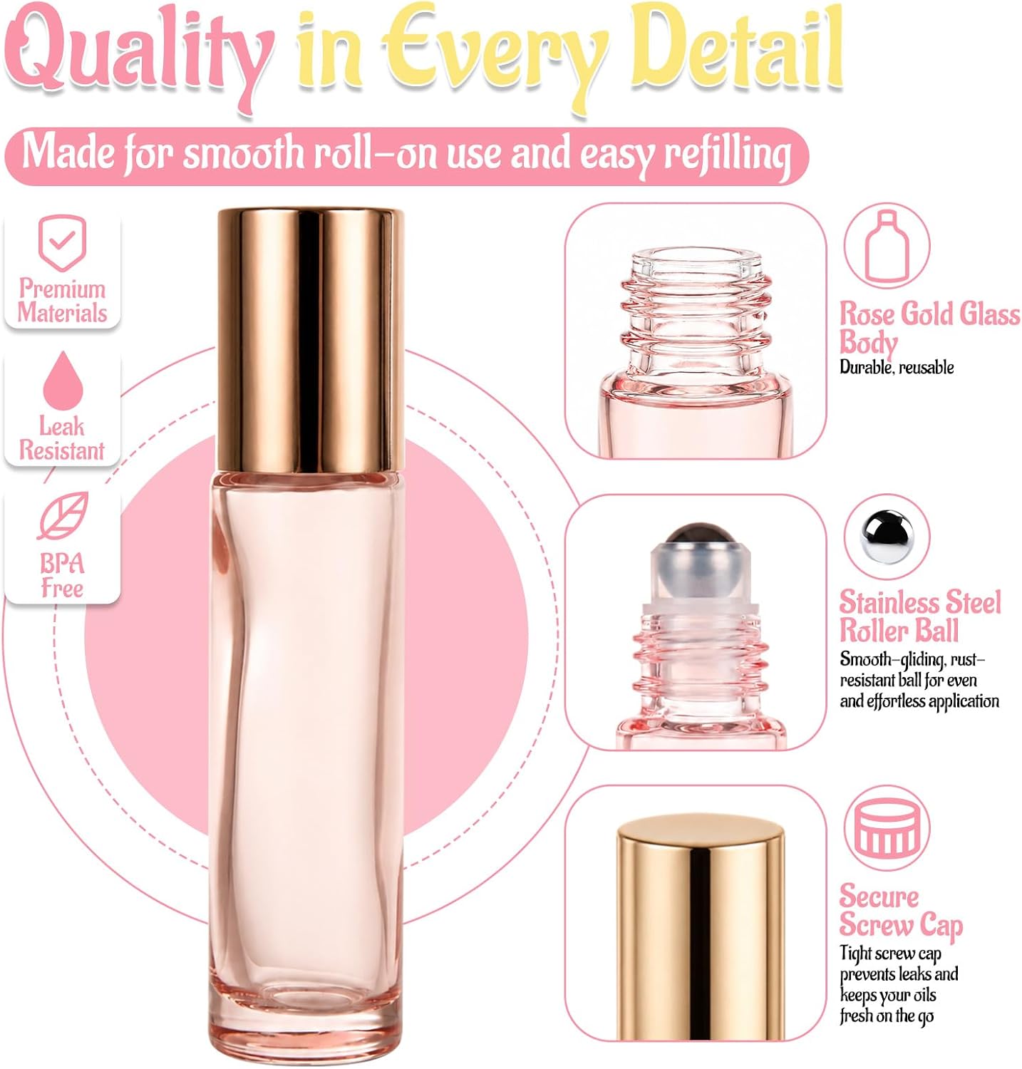 Acrux7 50 Pack 10ml Essential Oils Roller Rottles Rose Gold Glass