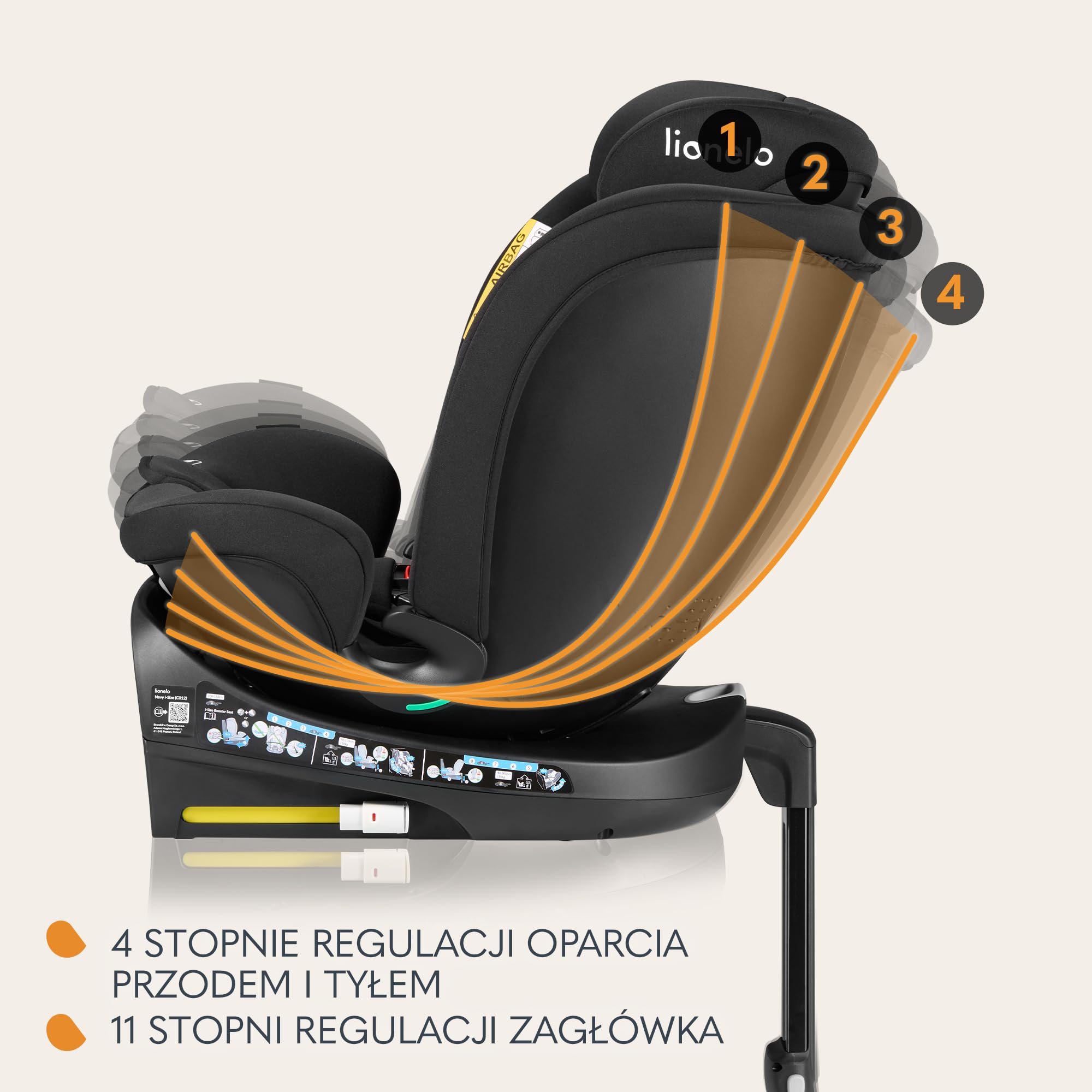 LIONELO NAVY i-Size Fotelik Samochodowy Obrotowy 360° Dziecięcy 40-150 cm Grupa 0+1 2 3 Montaż Przód i Tył ISOFIX i Noga Stabilizacyjna Regulacja Zagłówka i Oparcia Wkładka Dri-Seat (czarny) | Montaż skierowany do przodu i do tyłu, ISOFIX i podnóżek, regu