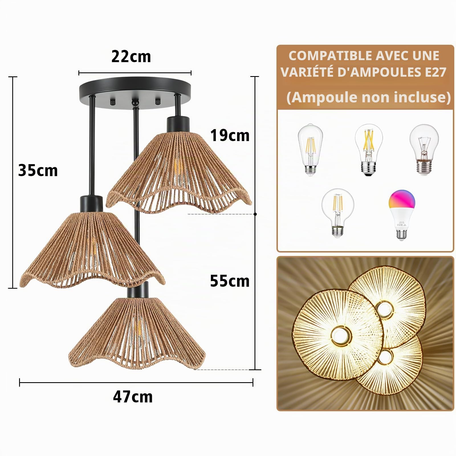 Boho Suspension Luminaire à 3 Lumières – Luminaire de Plafond pour Salon