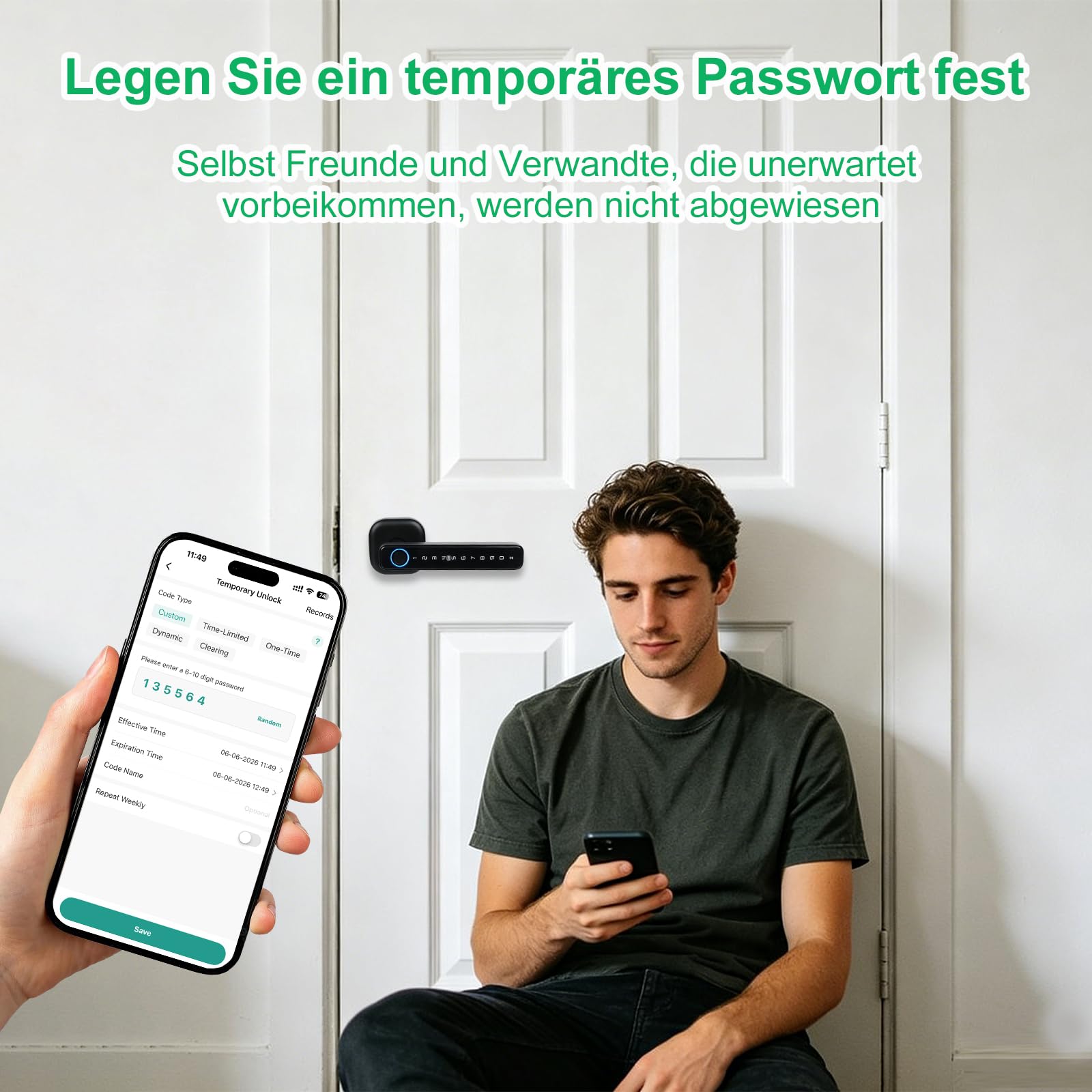 5-in-1 Intelligentes Türschloss, Elektronisches Türschloss für Bluetooth | Fingerabdruck biometrische, Temporäres Passwort, Per App gesteuert, Smart Lock, IC-Karte, für Haustür, Wohnung, Hotel, Büro