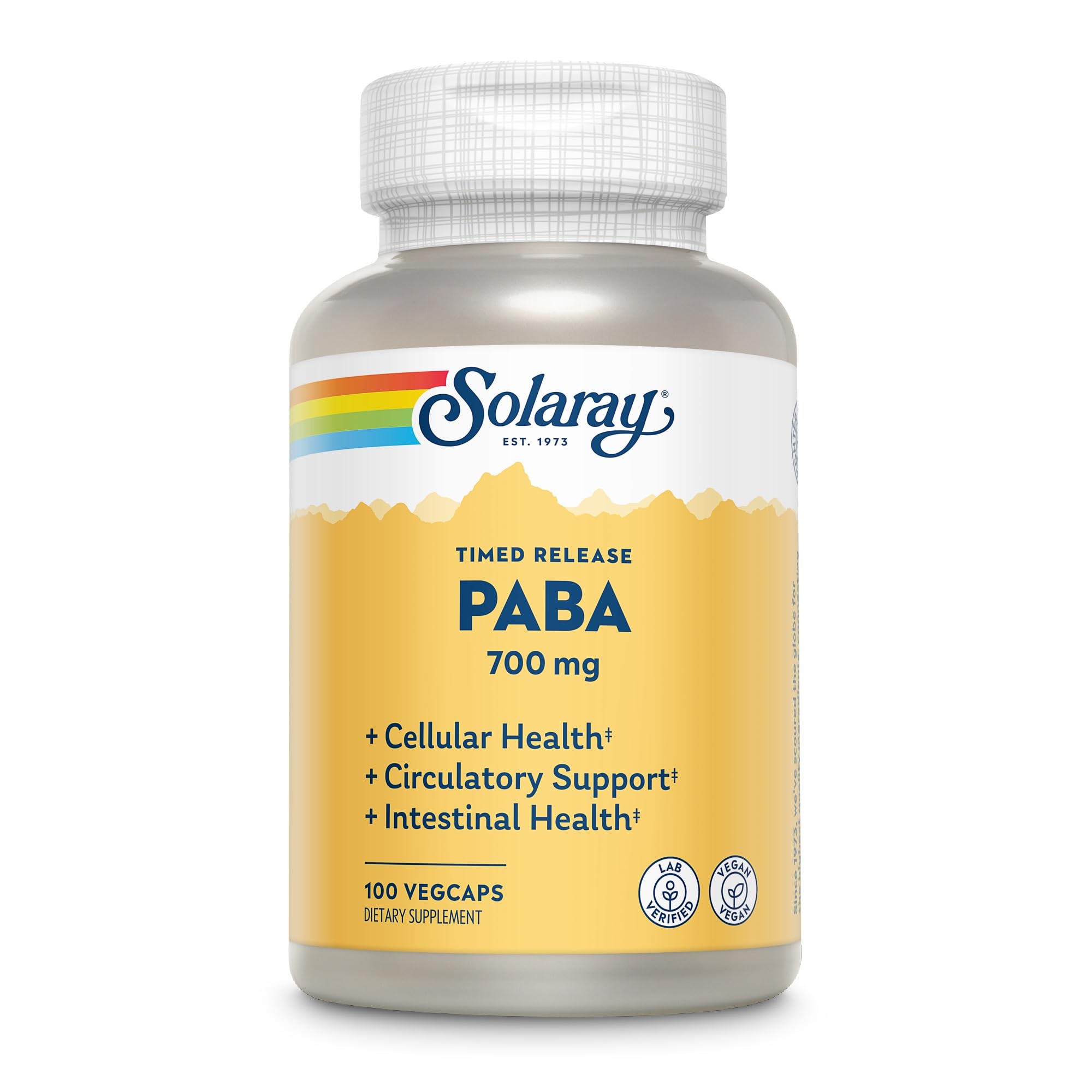 Solaray PABA | 700 mg | 100 Kapseln | laborgeprüft | vegan | glutenfrei | ohne Gentechnik | Nahrungsergänzungsmittel mit Folsäure, B Vitamin | Pigmentbildung im Haar & Haut