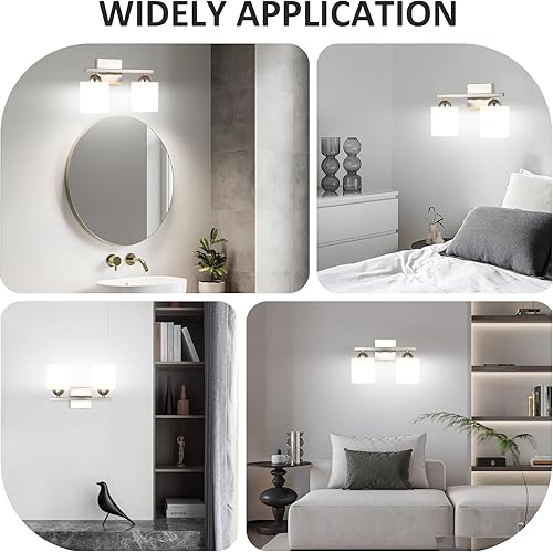 Miniatura 6 de 2 luces de tocador de níquel cepillado para baño, modernas lámparas de baño sobre espejo, luz de tocador con pantallas de vidrio blanco lechoso,