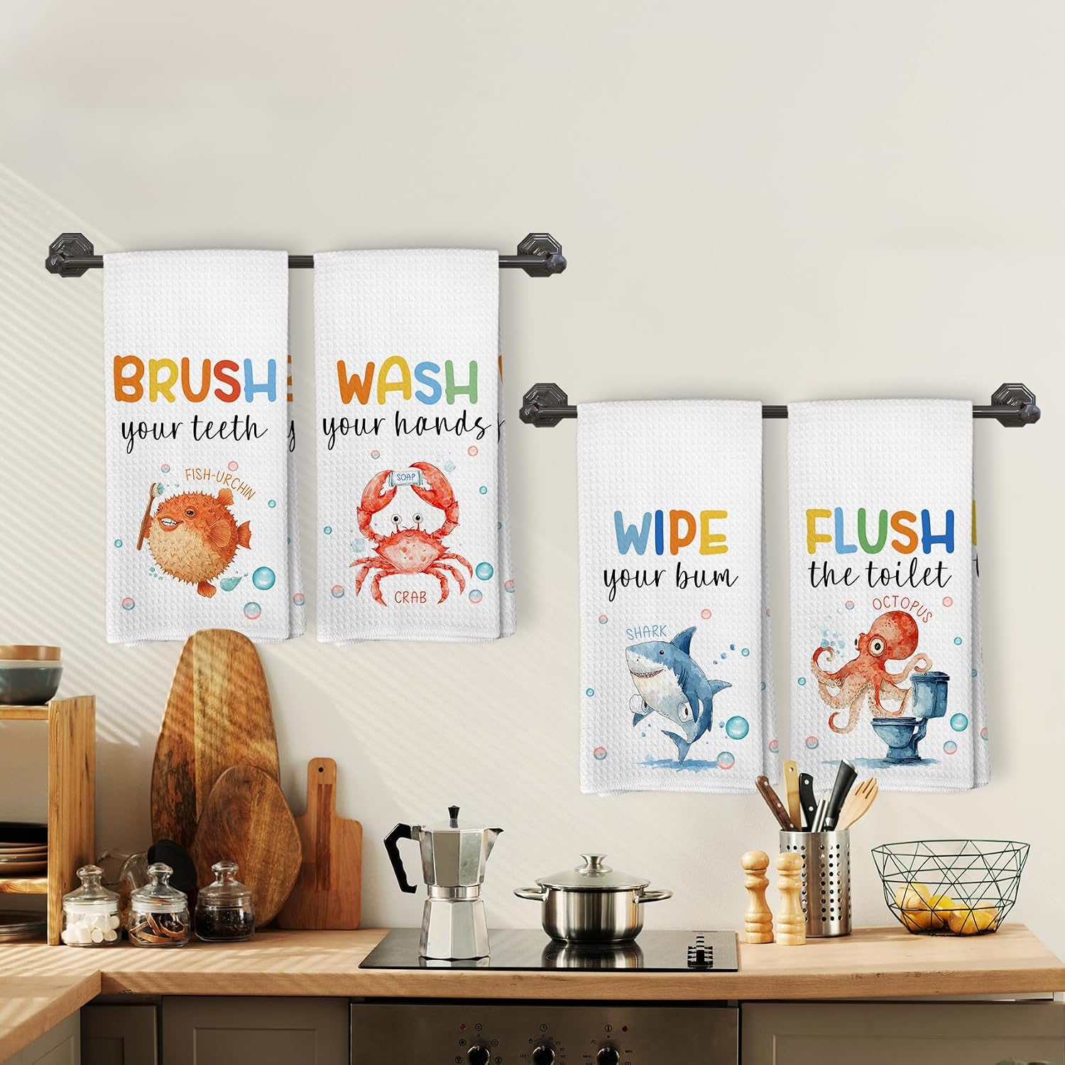 Coastal Beach Kids Hand Towels Set of 4, Ocean Marine Fish Crab Shark Octopus Beachy Decorative Hand Towel for Bathroom, Coastal Beach Kids Bathroom Decor, 16x24 Inch