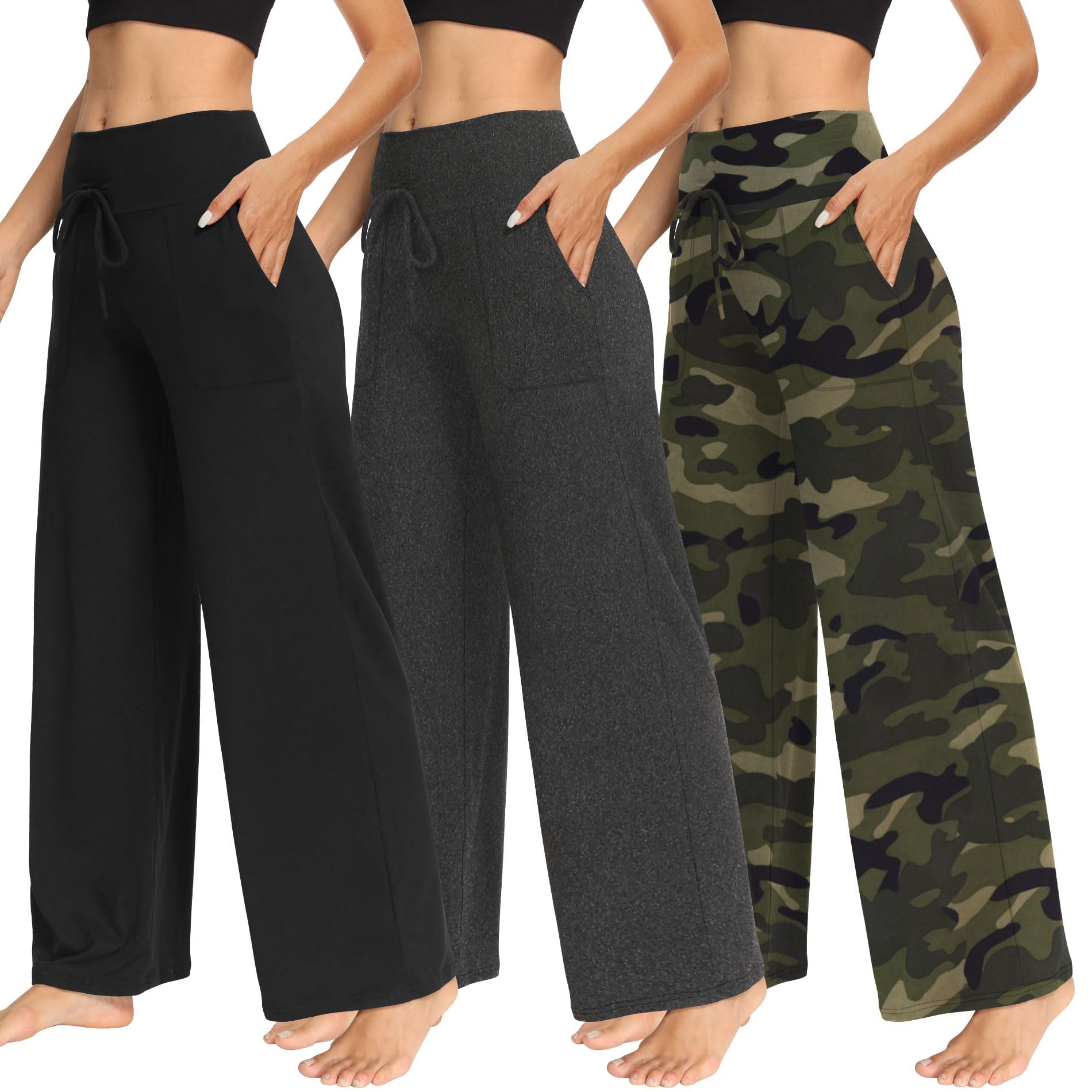TNNZEET 3 Pack Women's Wide Leg Pants with Pockets - Casual Loose Yoga Trouser Pants Sweatpants Palazzo Lounge Pajama Pants