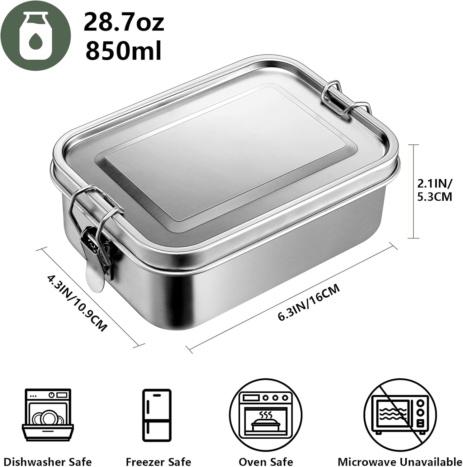 Leonyo 28oz Bento Box, 18/10 Stainless Steel Bento Lunch Box with 2 Dividers, 850ml Small Leak-Proof Food Snack Containers for Sandwich, Dishwasher Safe, Oven Safe Except for Lid - Image 2