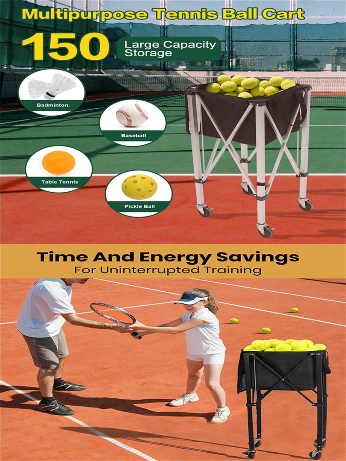 Cesta para Pelotas De Tenis Cesta for Pelotas de Tenis Ligera for Deportes al Aire Libre, Carrito Plegable Aluminio
