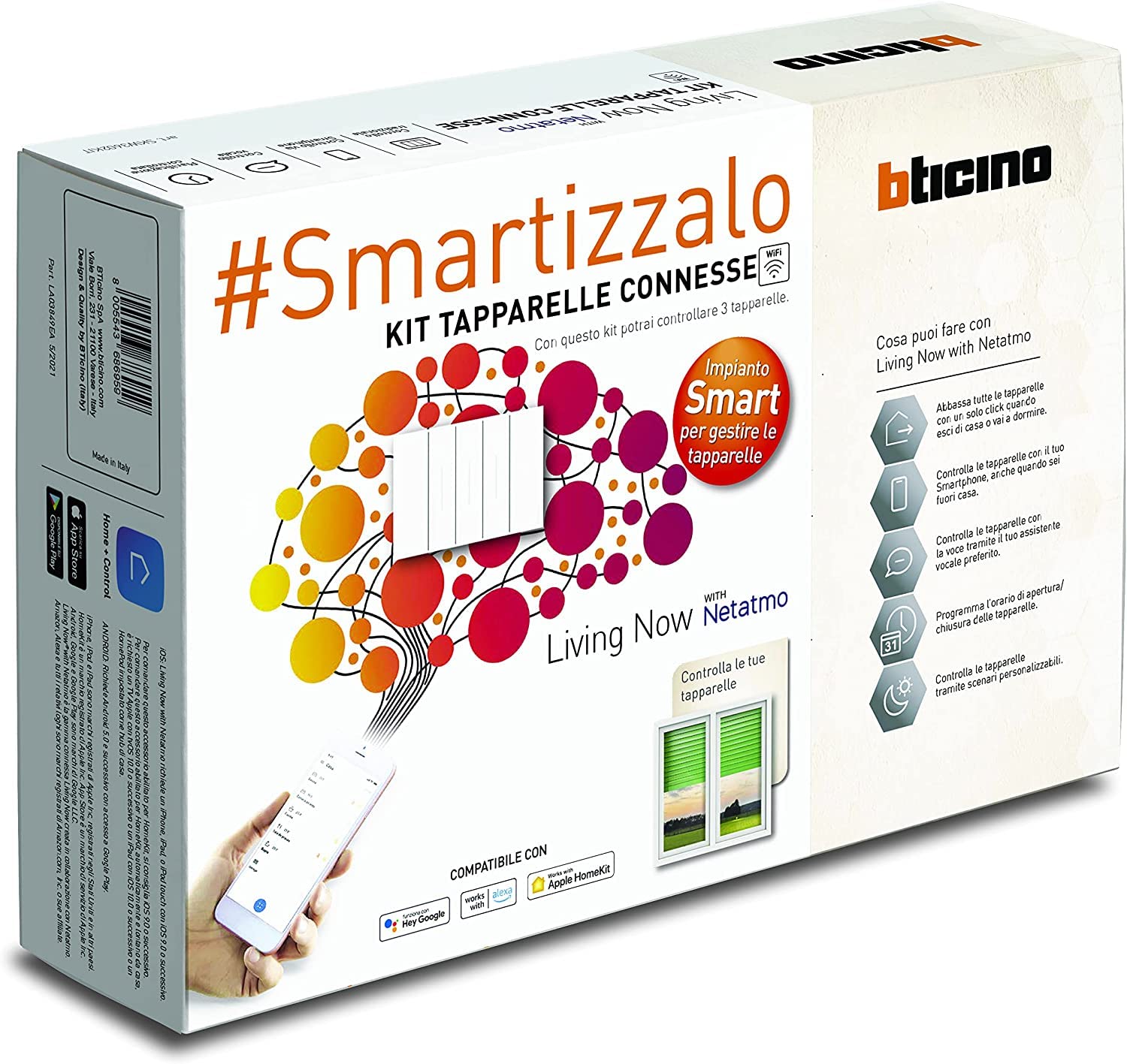 Bticino, Kit de persianas Connesse Living Now Smart SKW3602KIT, para subir y bajar persianas con App o asistentes de voz, 1 puerta de enlace enchufable blanca S36GWDC y 3 mandos de persiana conectados