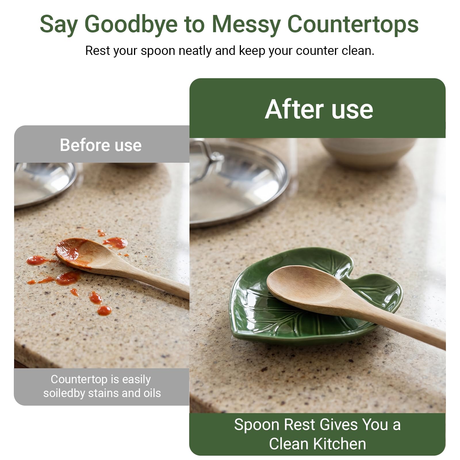 Cute Leaf Ceramic Spoon Rest, Keeps Counters Clean, for Stove Top and Kitchen Counter, Decorative Green Spoon Holder, Kitchen Decor Gift