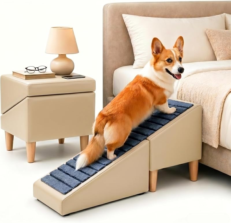 Escada Dobrável para Cães Pequenos e Gatos, Rampa com Estrutura de Madeira e Revestimento Sintético SWYIVY