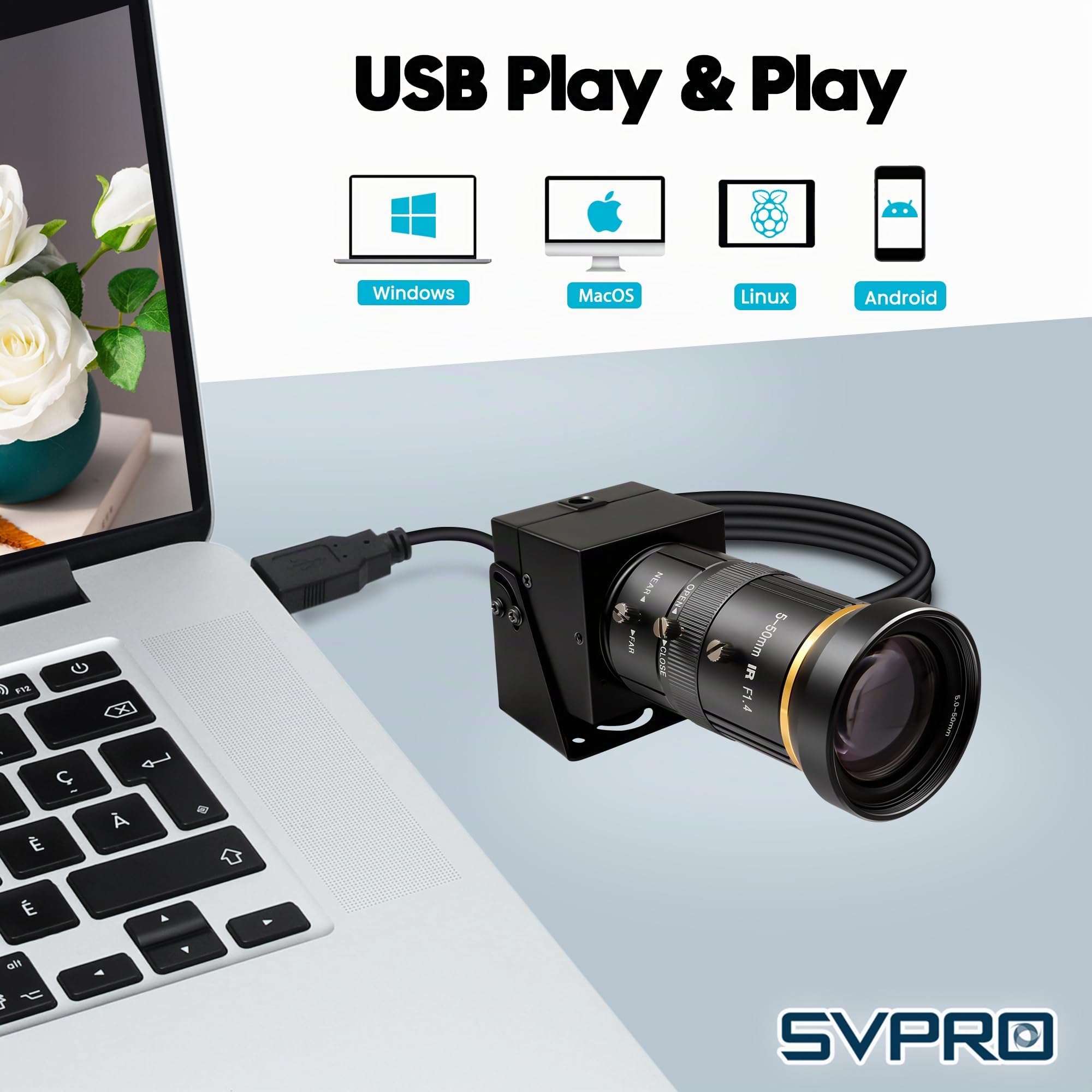 SVPRO Cámara USB de 5 MP 30 FPS con lente teleobjetivo de 5 a 50 mm, zoom óptico de 10X, cámara web de enfoque manual para macro y larga distancia, cámara de computadora con poca luz con sensor IMX335