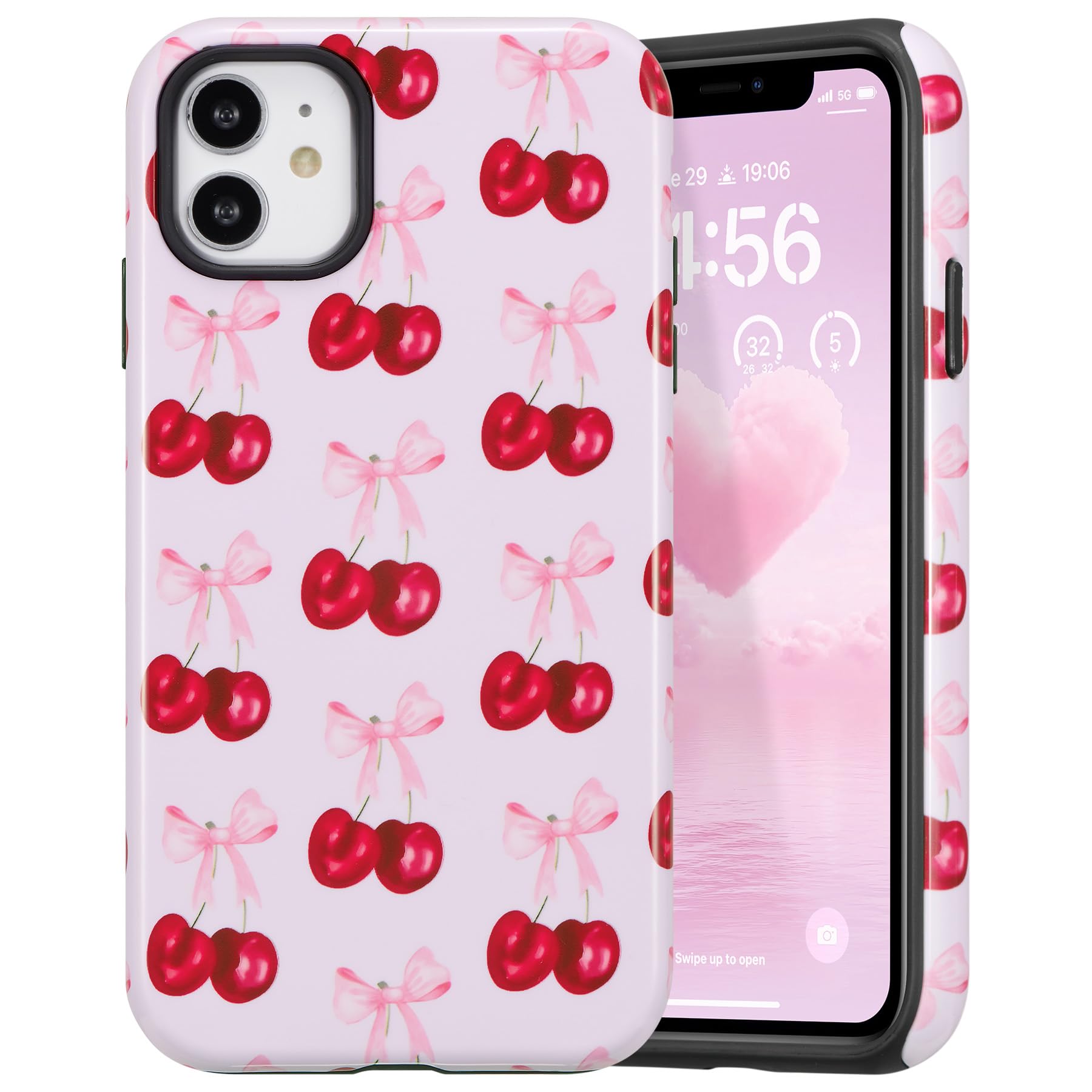 DEFBSC Case for iPhone 11, Cute Pink Bow Cherry Print Aesthetic Trendy Pattern for Women Girls Slim Durable Bumper Shockproof for iPhone 11 Case,