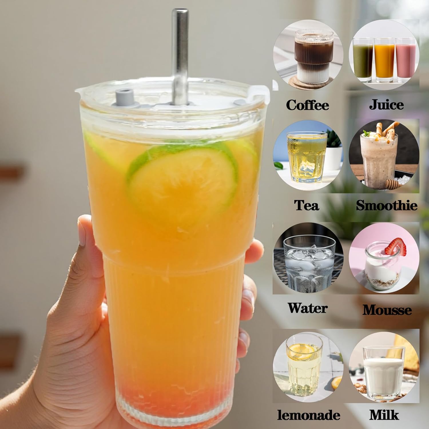 Glass Cups with Lids and Straws, Iced Coffee Cups with Lids,Stylish Ribbed Design Glass Coffee Cups, Drinking Glasses for Iced Coffee,Smoothies,Tea,Juice,Leak-Proof, Ideal for Home and Outdoor Use - Image 3