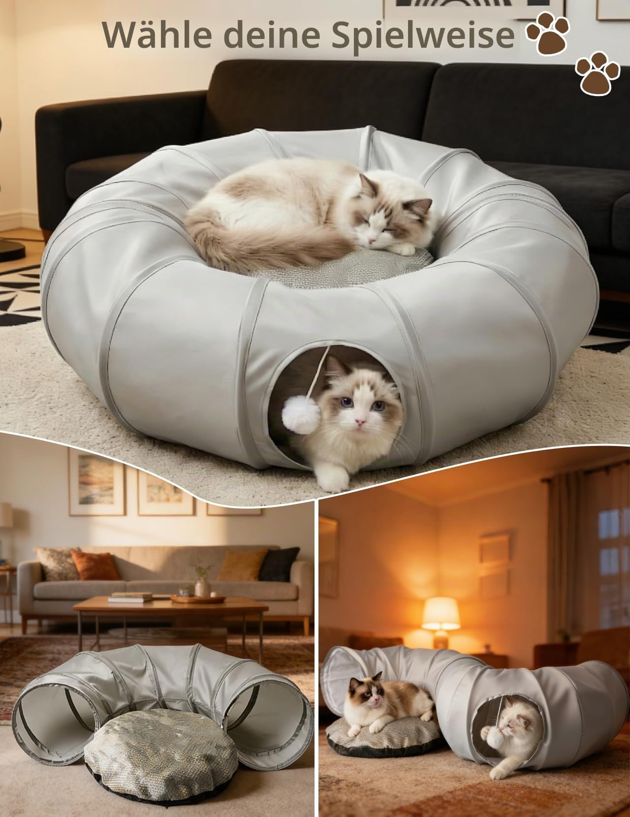Katzentunnel, Katzenspielzeug für Wohnungskatzen, multifunktionaler Rascheltunnel & Katzenhöhle, interaktives Spielzeug mit kühlendem Stoffdesign für Kätzchen (Cool Gray)