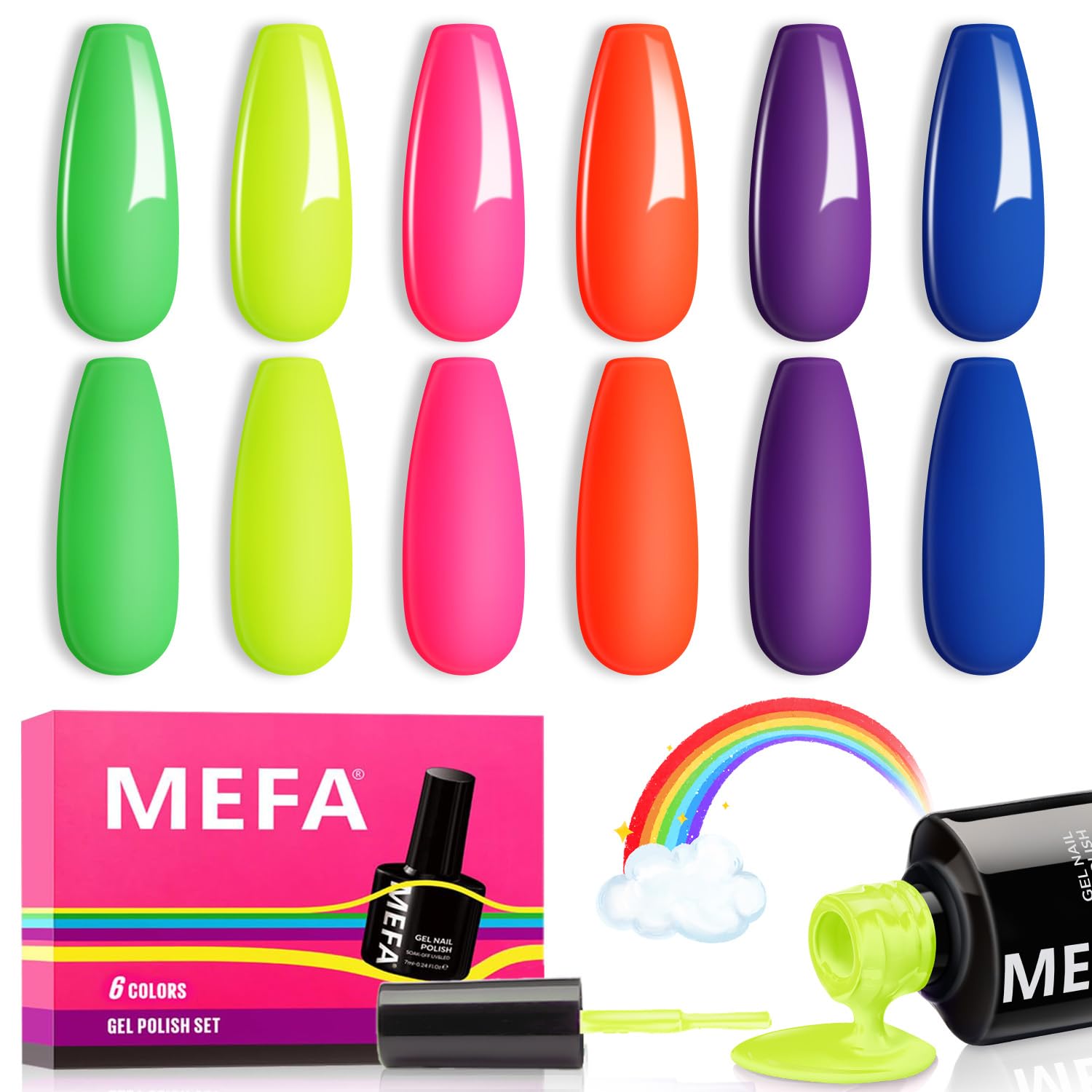 Photo 1 of MEFA Neon Gel Nail Polish Set 6 Colors, Summer Neon Green Lime Yellow Pink Navy Blue Purple Orange Bright Vibrant Pride Month Soak Off Nail Art Design Manicure DIY at Home Salon Gifts for Women Girls