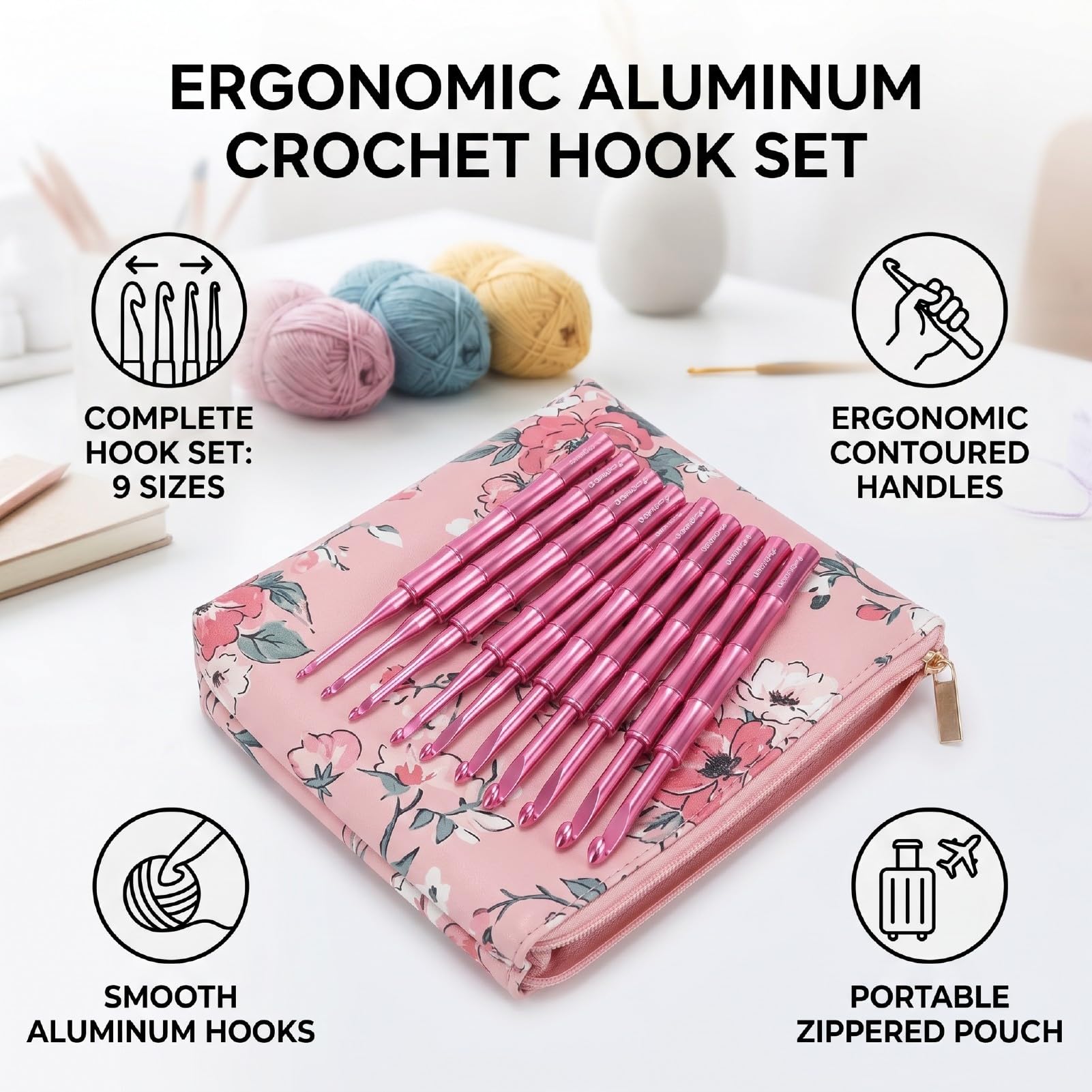 RIZGHWOY Set de Ganchillo, 9 Piezas de Aluminio Ergonómico con Estuche para Proyectos de Tejido