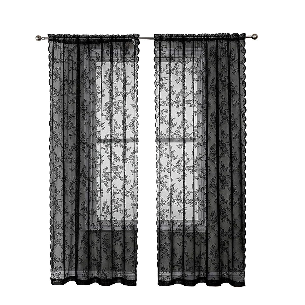 Whakano 2 cortinas de encaje decorativas, cortinas con estampado de flores, cortinas opacas translúcidas para cocina, salón, cortinas decorativas para dormitorio, decoración del hogar, negro, 100 x