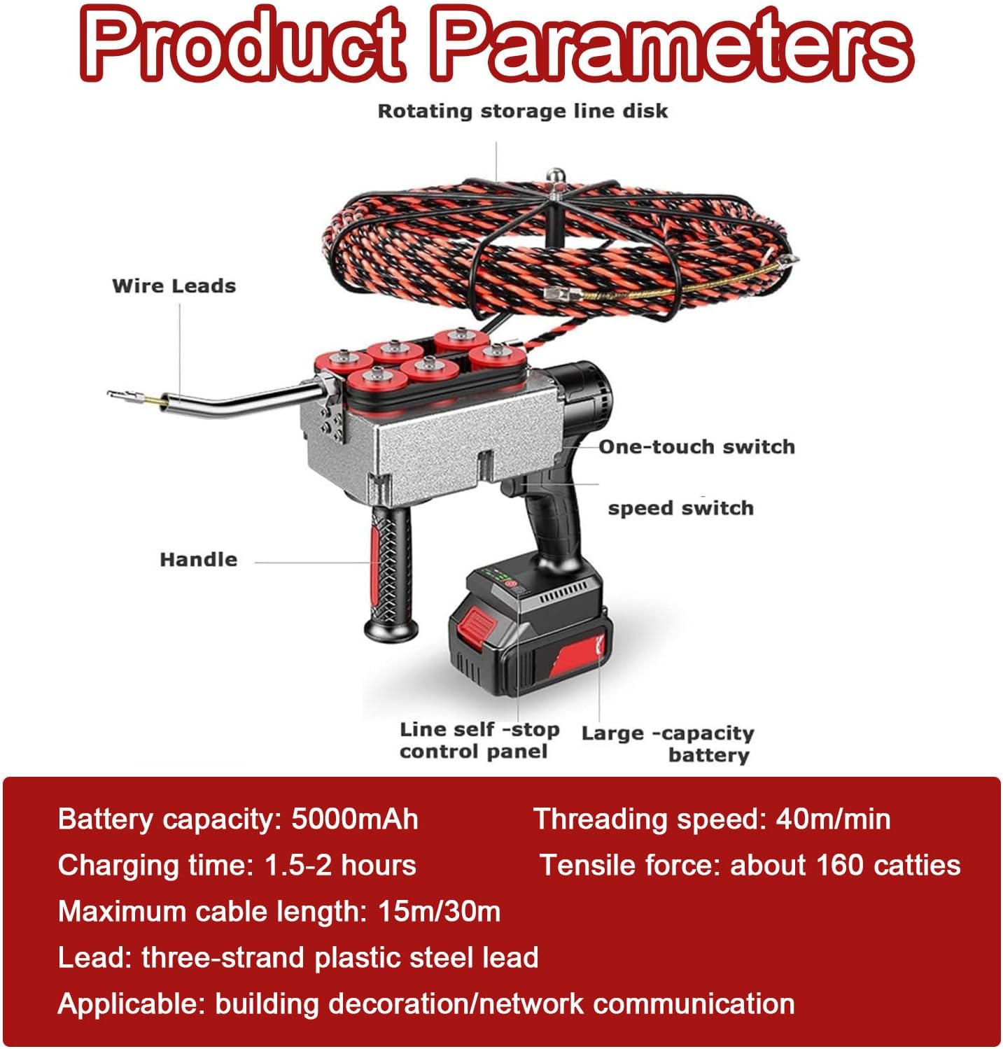 Electrician's Cable Pipe Threading Device, Hidden Cable Electric Cable Pulling Tool,Display Panel Control,Threading Speed 40m/Min