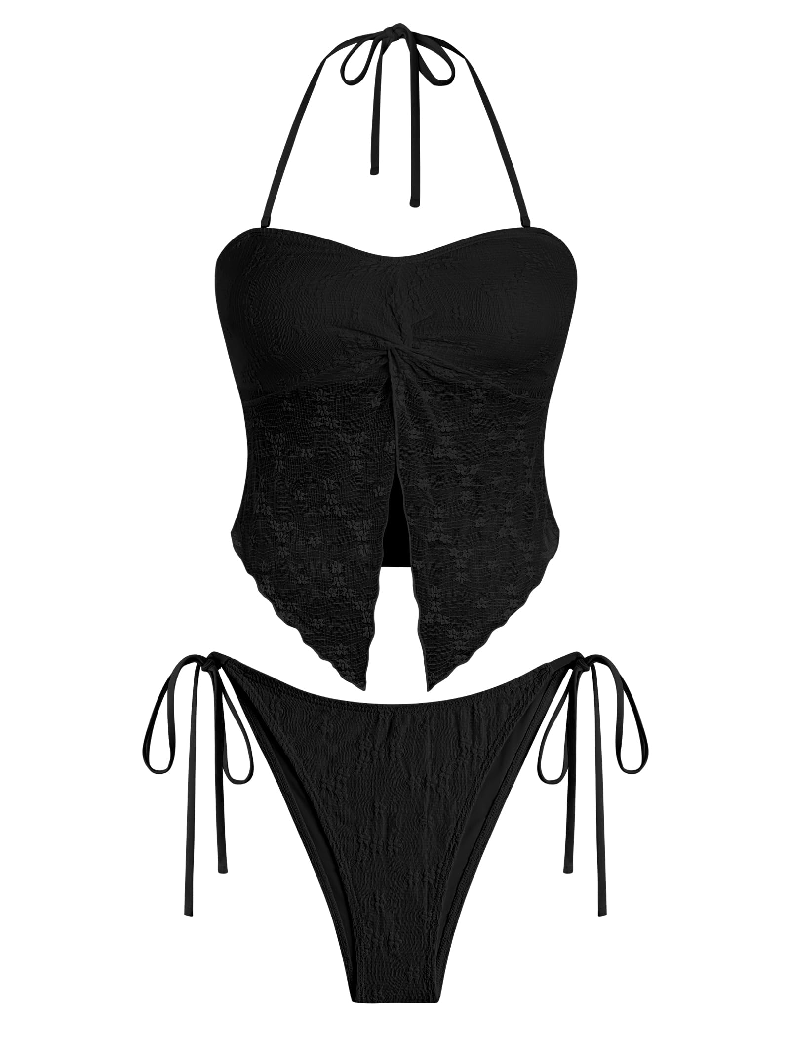 zaful Floral Twist Bikini Set for Women Halter Tankini Tie Side String Swimsuit Two Piece Bathing Suit-picture-47