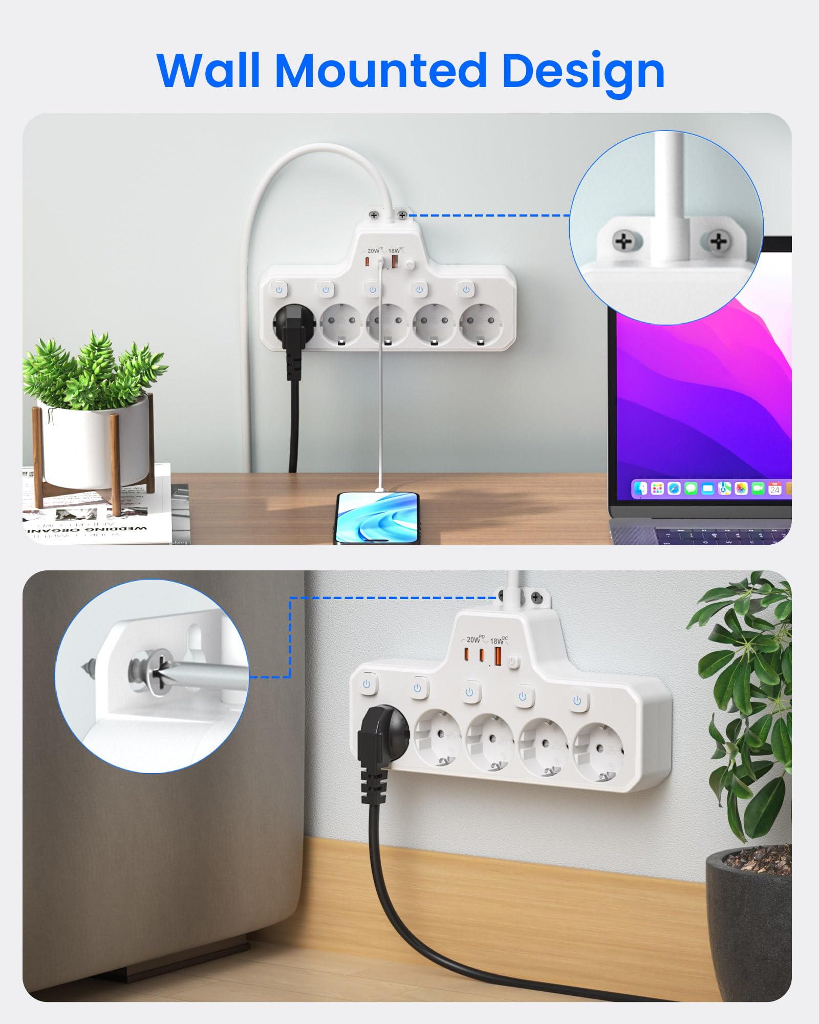 Regleta Enchufe Plano,PD20W Regleta 5 Enchufes con USB C,Ladron Enchufes con Interruptor,Enchufe Multiple Pared Extraplano,5 Tomas Proteccion Sobretension Alargador 2M Cable para Hogar Oficina,Blanco