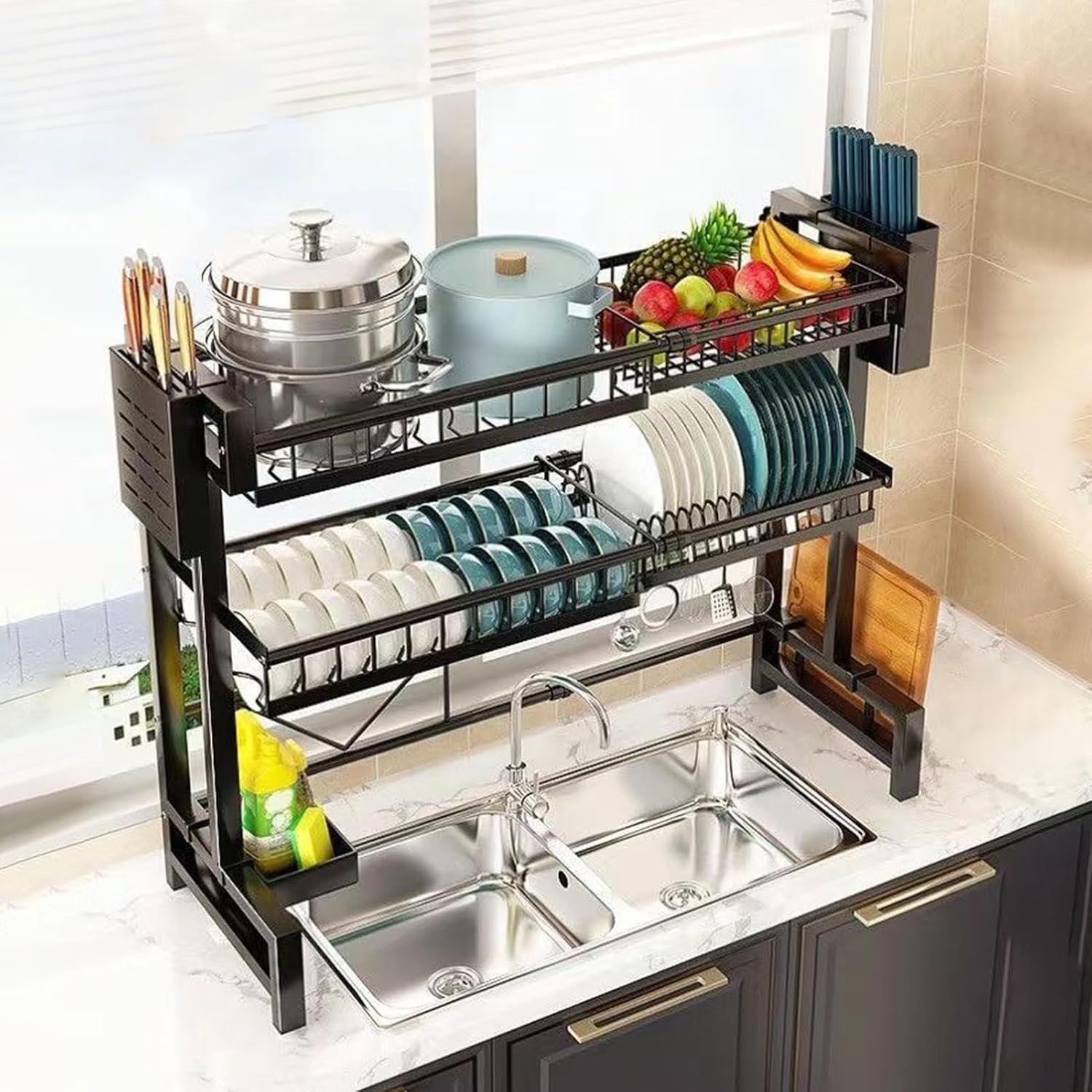 Over The Sink Dish Drying Rack, Telescopic, 2 Tier High Capacity Dish ...