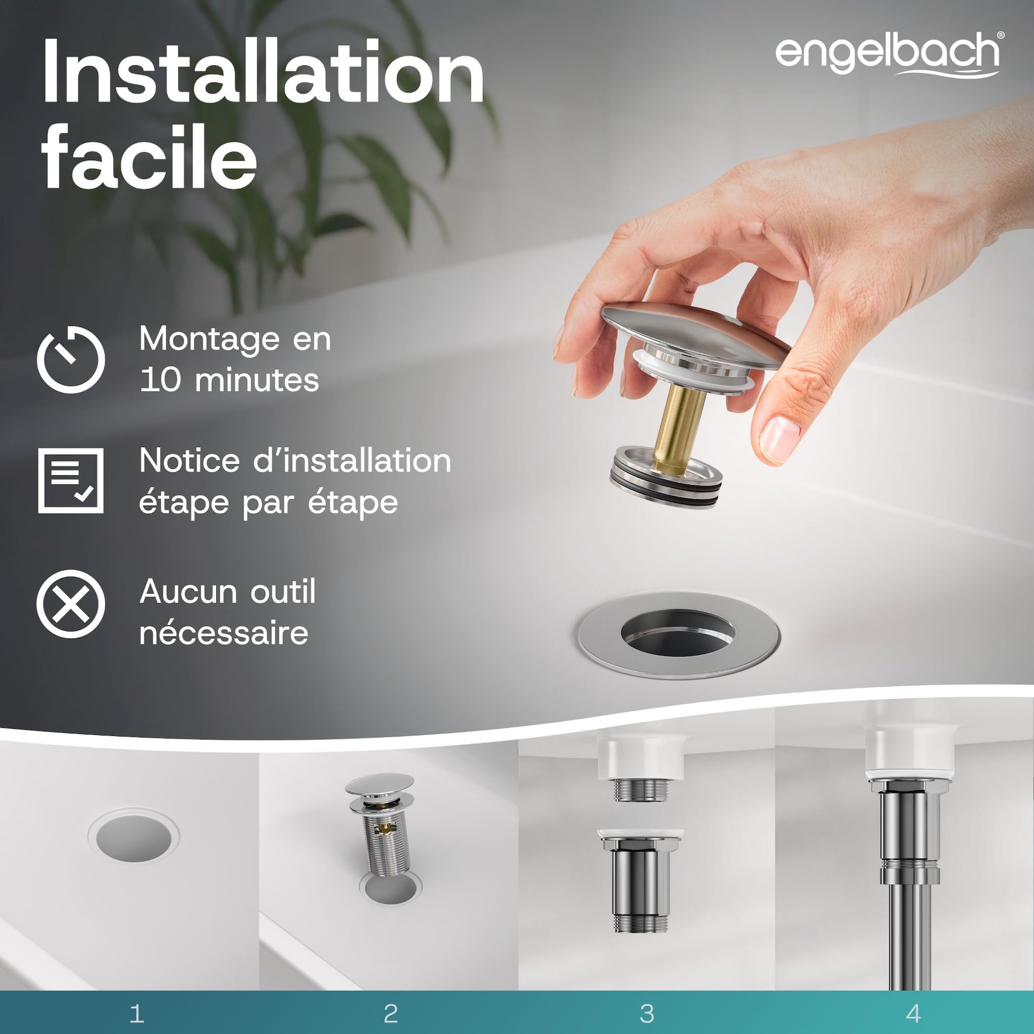 Engelbach Bonde de lavabo avec trop-plein Bouchon clic-clac 3 Joints Inclus Modèle Universel