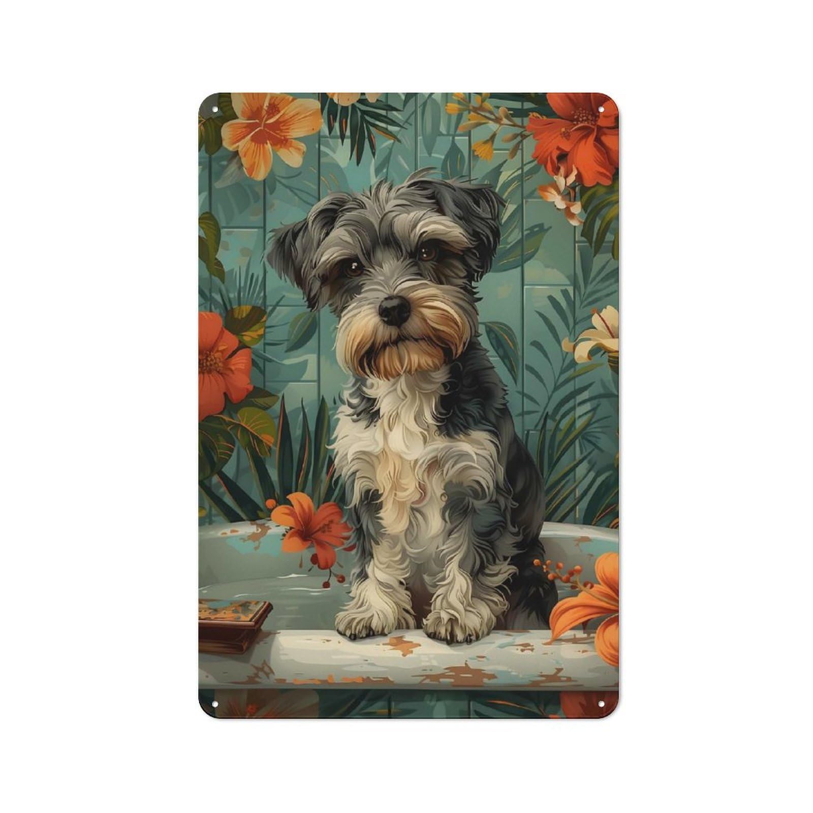 Junmoney Miniature Schnauzer Dog In Bathtub For Hobby Room Or Studio, Rustic Metal Sign 30X20cm, For Creative Interior Collectors Refreshing A Room In Autumn