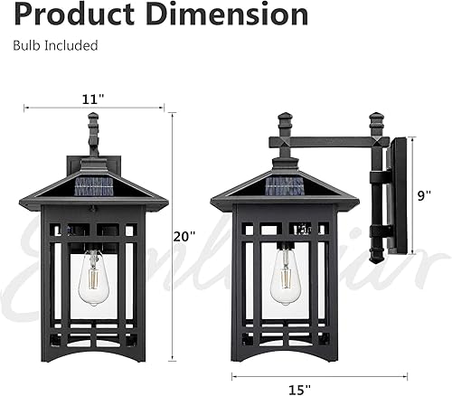 Miniatura 6 de Emliviar XE309BL SL BK - Lámpara de pared solar de 20 pulgadas, iluminación al aire libre negra del atardecer al amanecer con control remoto,