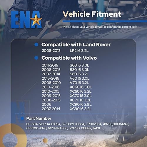 Miniatura 7 de ENA Juego de 6 bobinas de encendido compatibles con Volvo Land Rover LR2 S60 S80 V70 XC60 XC70 L6 3.0L 3.2L Turbo Reemplazo para 306842450 LR002954