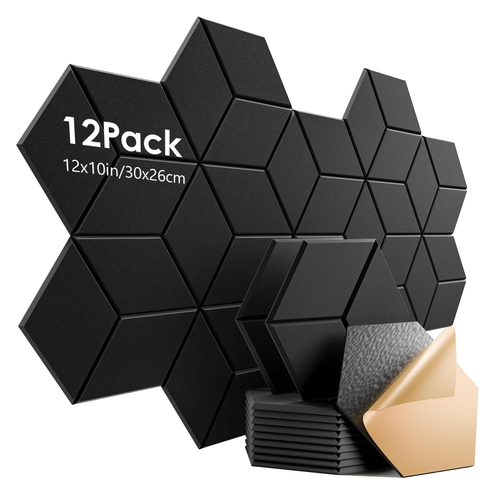 Paquete de 12 Paneles Acústicos, Paneles de Pared de Espuma Autoadhesivos Hexagonales Insonorizantes, Paneles de Pared de Espuma con Cancelación de Ruido para el Hogar y la Oficina, 12" x 10" x 0.4"