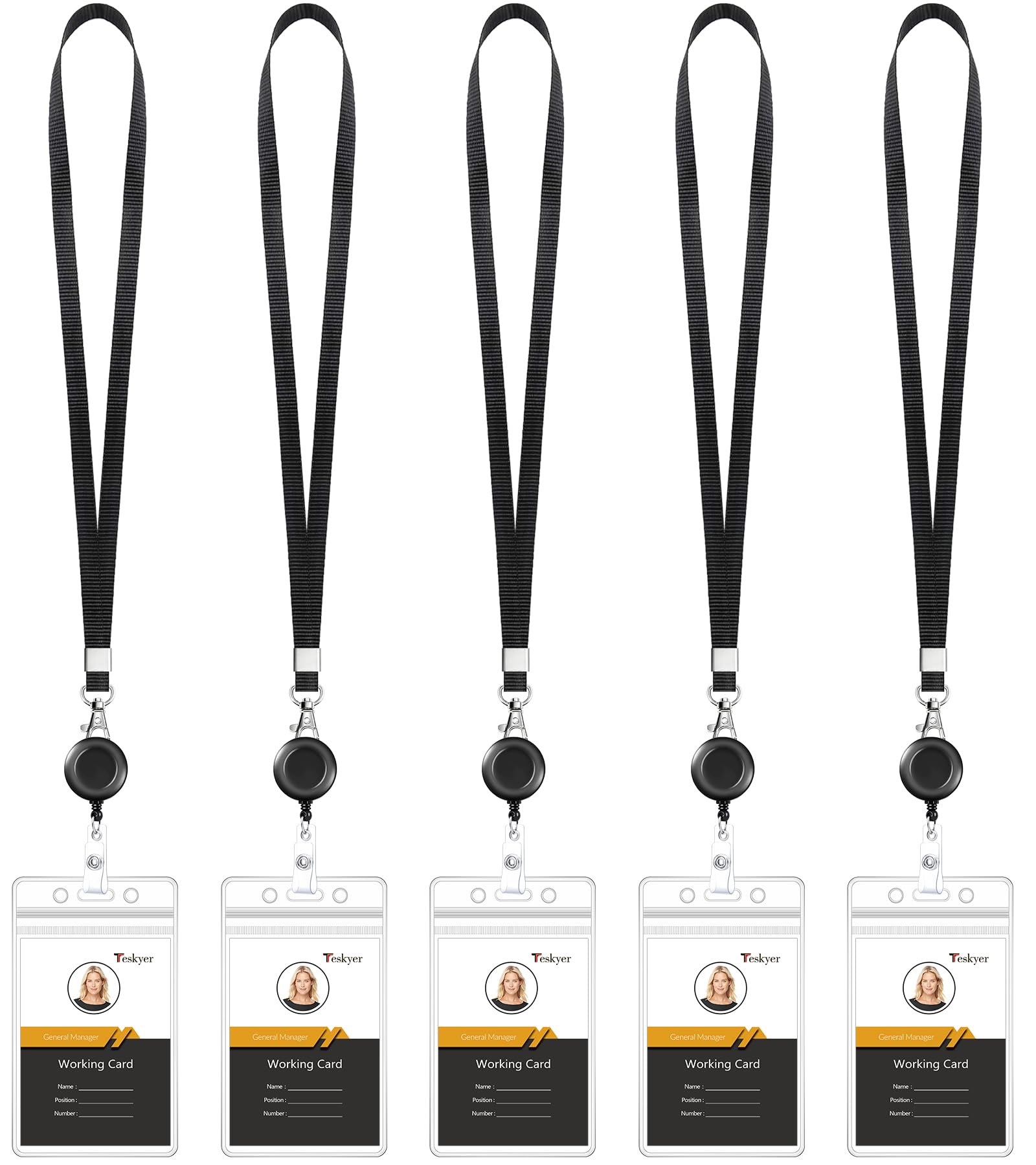 Teskyer 5 Pack Retractable Lanyards for ID Badges, Thick Clear Plastic ID Badge Holder with Lanyard and Badge Reel Clip for Name Work Cards, Cruise