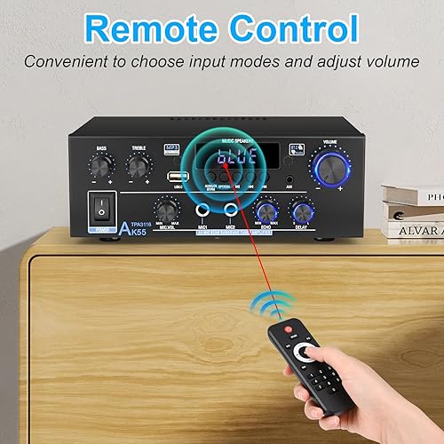 Miniatura 8 de Romica Amplificador de audio estéreo, 2 canales 500 W Bluetooth 5.0 amplificador de potencia de cine en casa con FM, Echo, AUX, USB, SD, MIC,