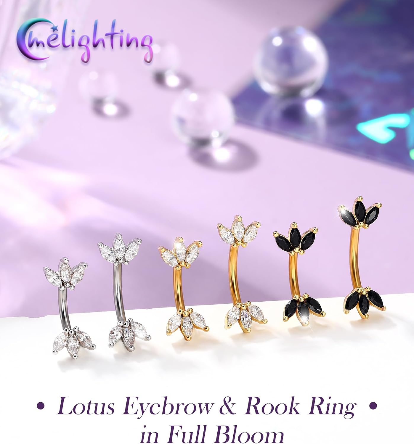 Melighting 16G Lotus CZ Gold Rook Ear Piercing Bar 316L Surgical Stainless Steel Eyebrow Piercing Jewelry Dainty Lobe Earring 6 mm/8 mm