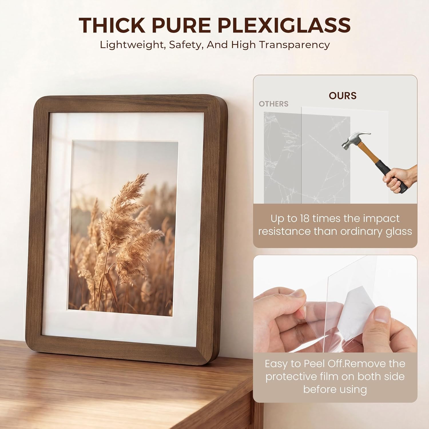 9x12 Picture Frame - Solid Walnut Wood Frames with Plexiglass, Handcrafted Rounded Corner 9''x 12'' Frame Matted to 6x8, Tabletop and Wall Mounting Display Photo Frames, Horizontally or Vertically