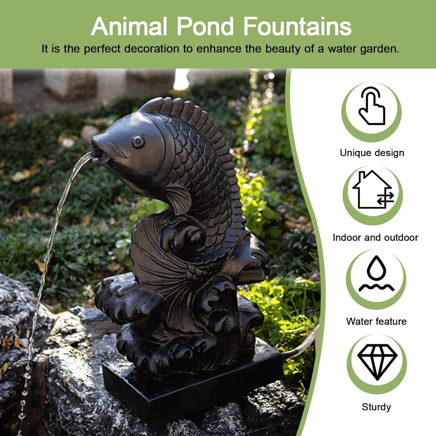 Pond Spitters, Spouting Carp Fish Statue Fountain Spray Accessories, Whimsical Deocorative Pond Water Feature Accent, Outdoor Decoration(Gray,14 * 40 * 23cm)