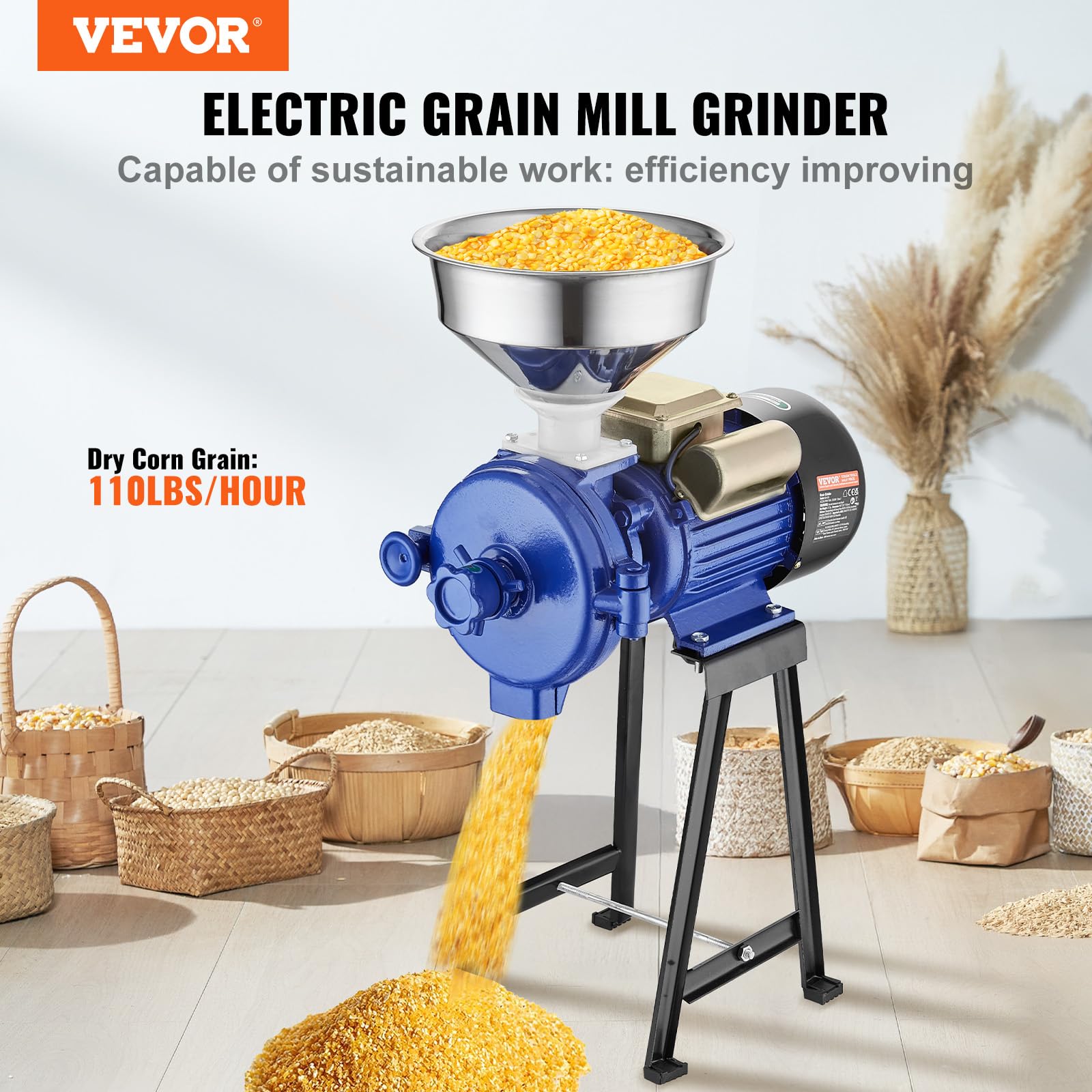 VEVOR Molinillo de Grano Eléctrico 3000 W Molinillo de Especias Comercial Molino de Harina de Trigo Seco Espesor Ajustable con Embudo para Moler Cereales Especias Hierbas Pimientos Maíz