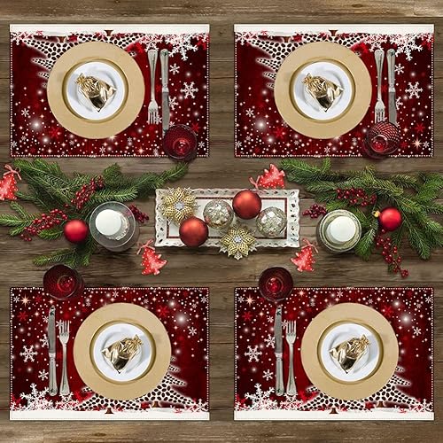 Miniatura 6 de Manteles individuales de árbol de Navidad para mesa de comedor, 12 x 18 pulgadas, copos de nieve de Navidad, decoración de vacaciones, rústico,