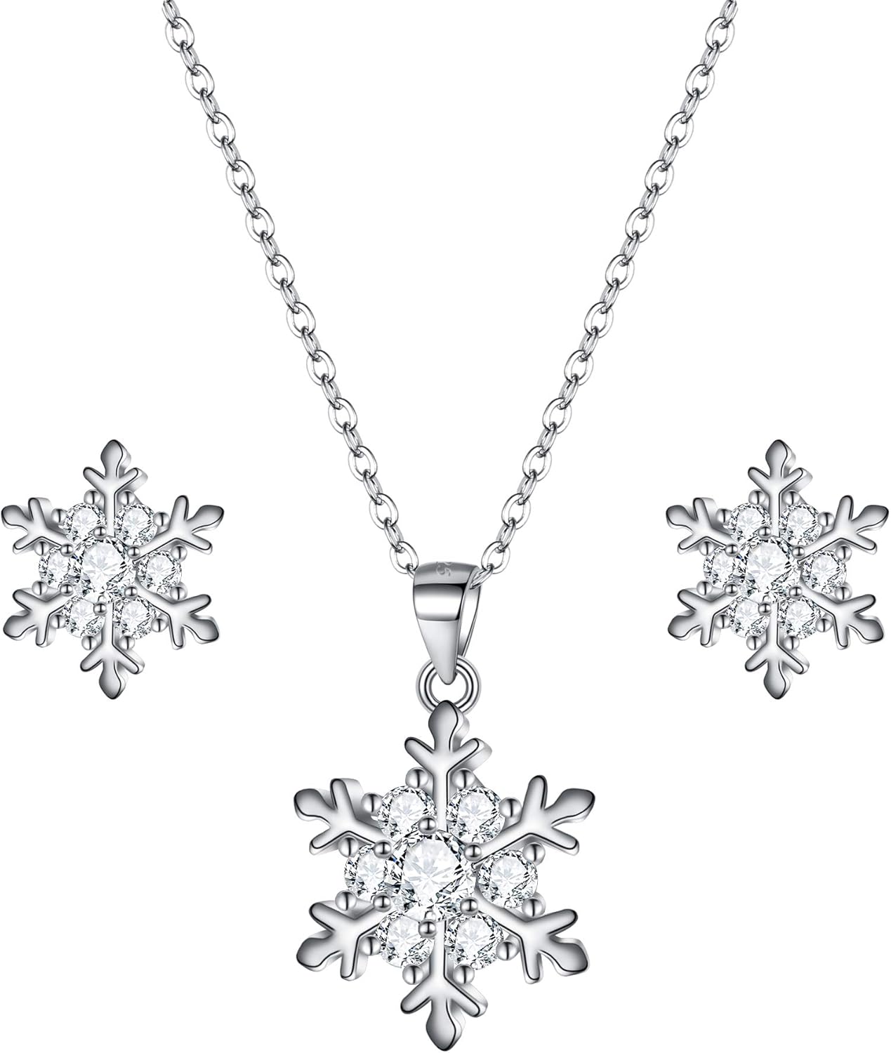 EVER FAITH 925 Sterling Silver CZ Winter Party Snowflake Flower Necklace Stud Earrings Set Clear