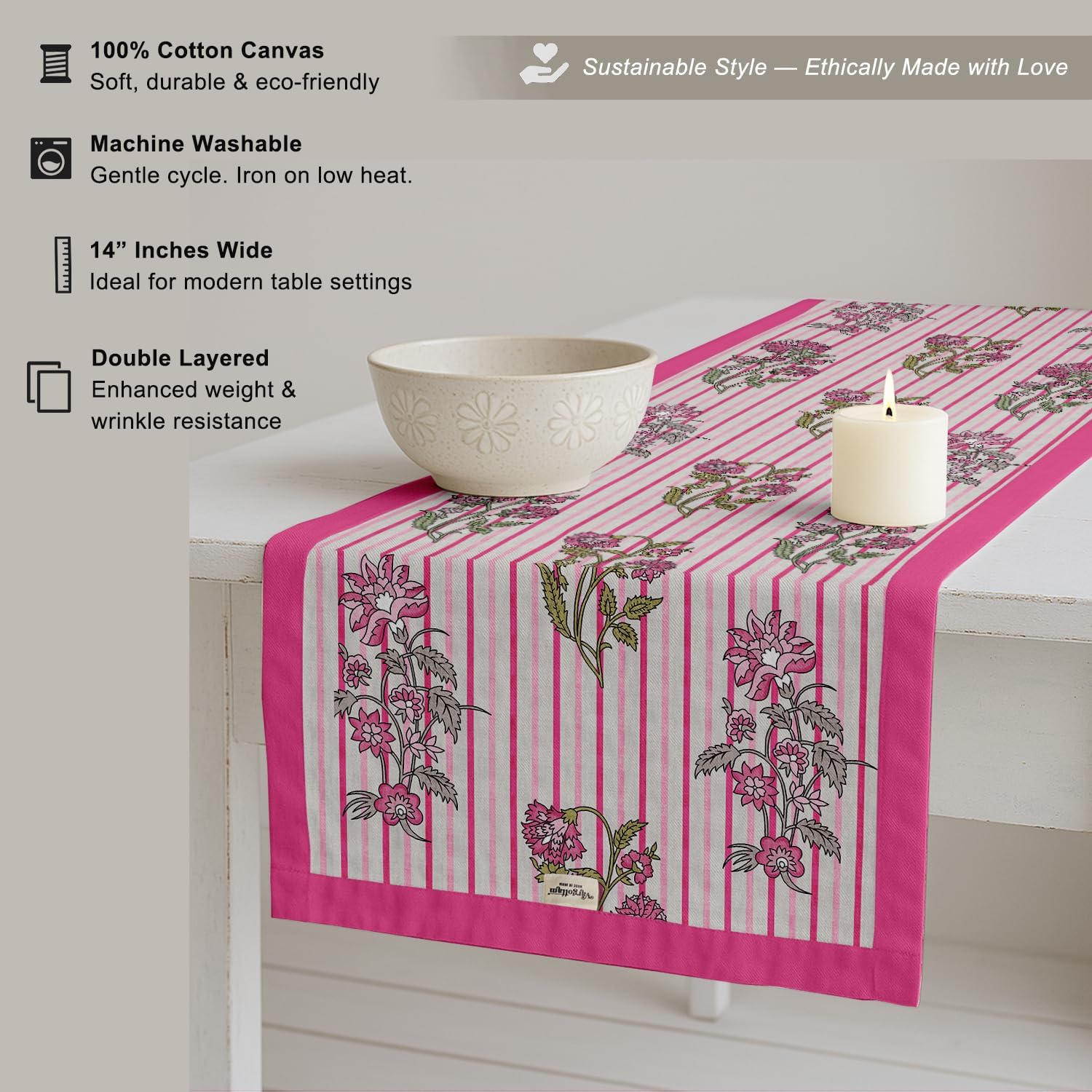 Double Layer Cotton Table Runner with Border - Floral Print, Machine Washable - Dining Table Décor for Farmhouse & Modern Homes