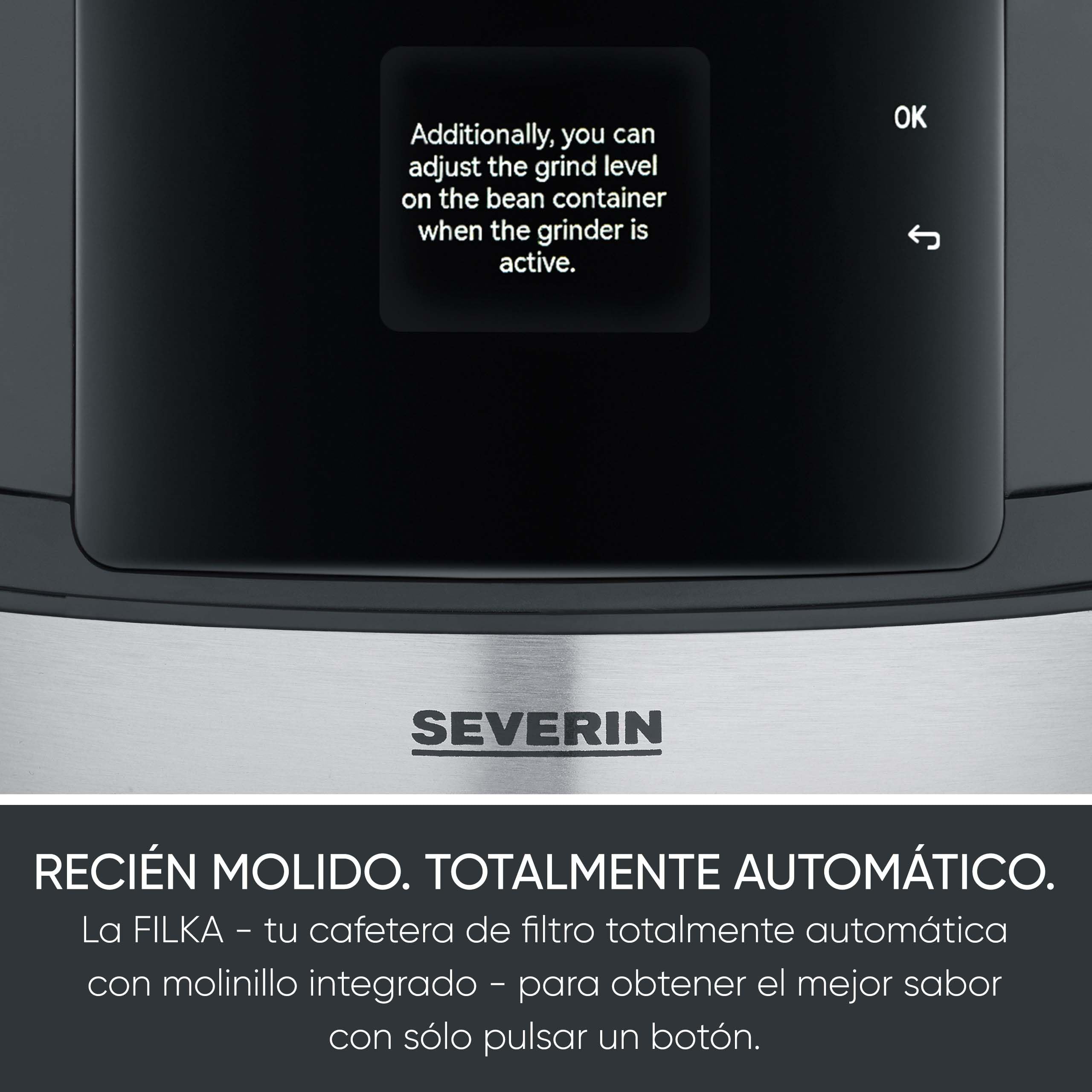 SEVERIN FILKA, cafetera de filtro totalmente automática, cafetera de filtro 5 en 1 con pantalla LED, molinillo, con jarra termo, negro mate/acero inoxidable, KA 9695