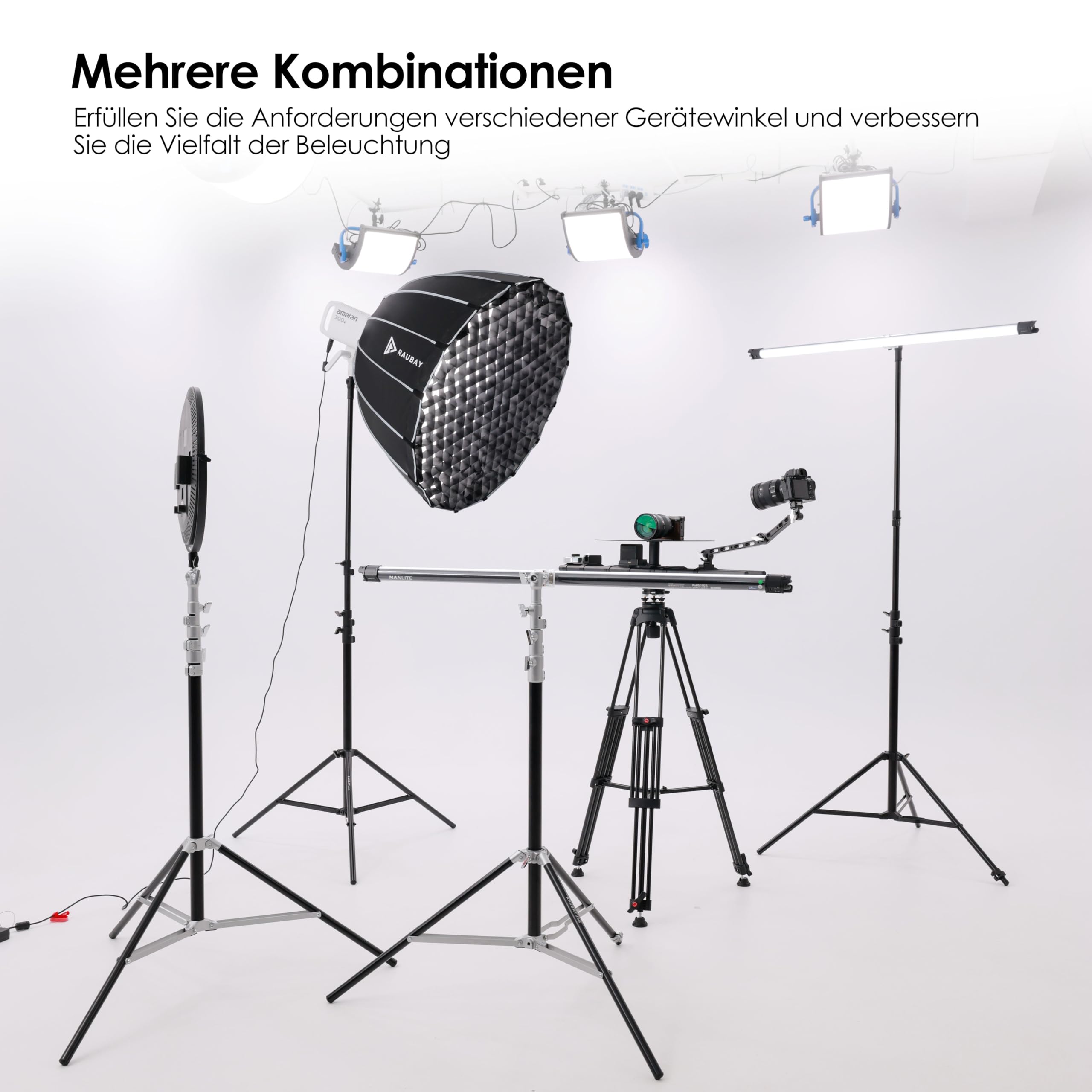 RAUBAY 3 m Robustes Lampenstativ, Luftfederung, Silber, LT30-RS | Aluminium-Fotostativ mit 1/4- und 3/8-Zoll-Anschlüssen für Softboxen, Studioleuchten, Video und Fotografie