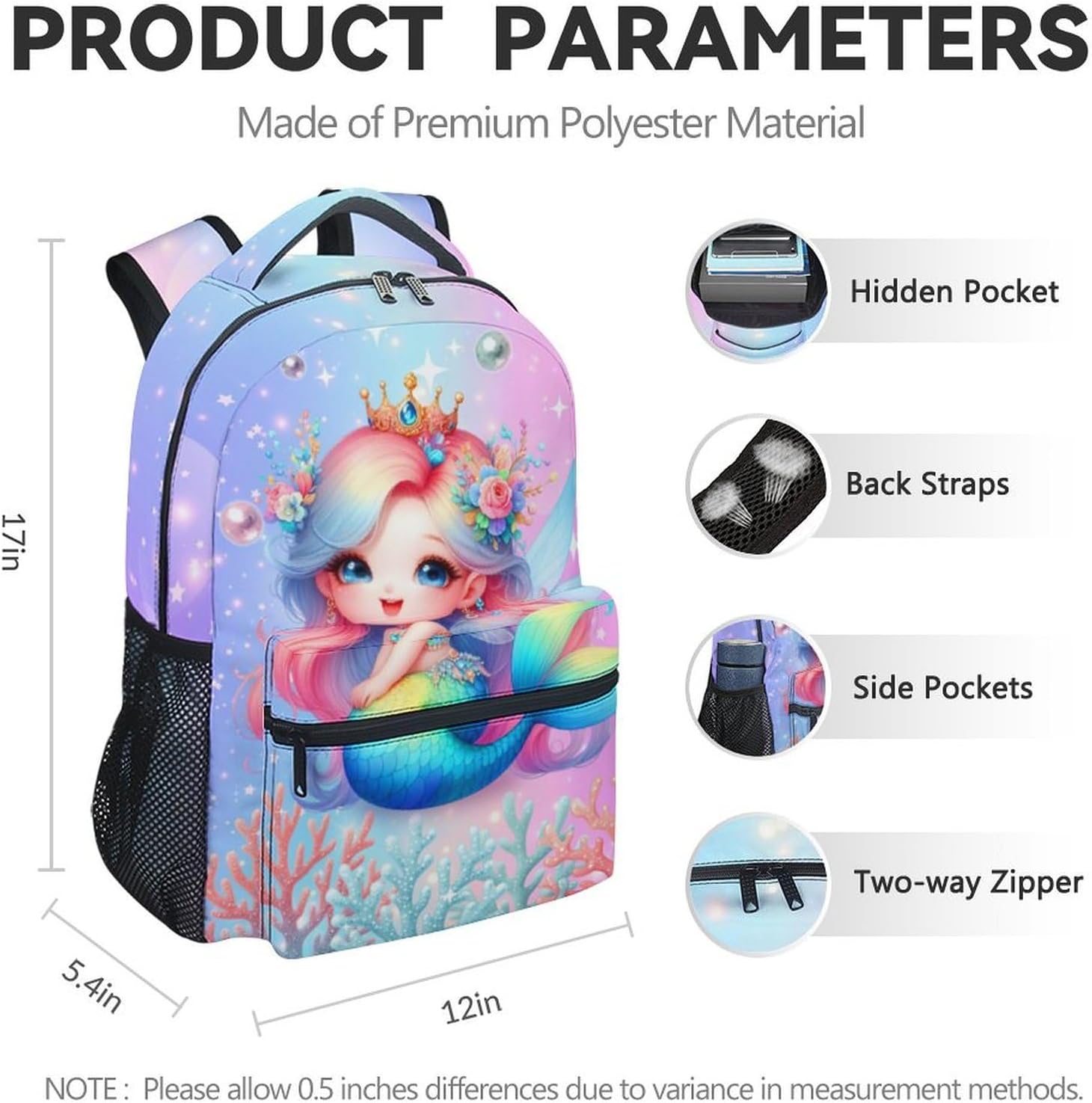 Backpacks for Kids, 17 Inch Cute Mermaid Kindergarten Backpack for Girls, Lightweight Travel Bookbag for Primary School