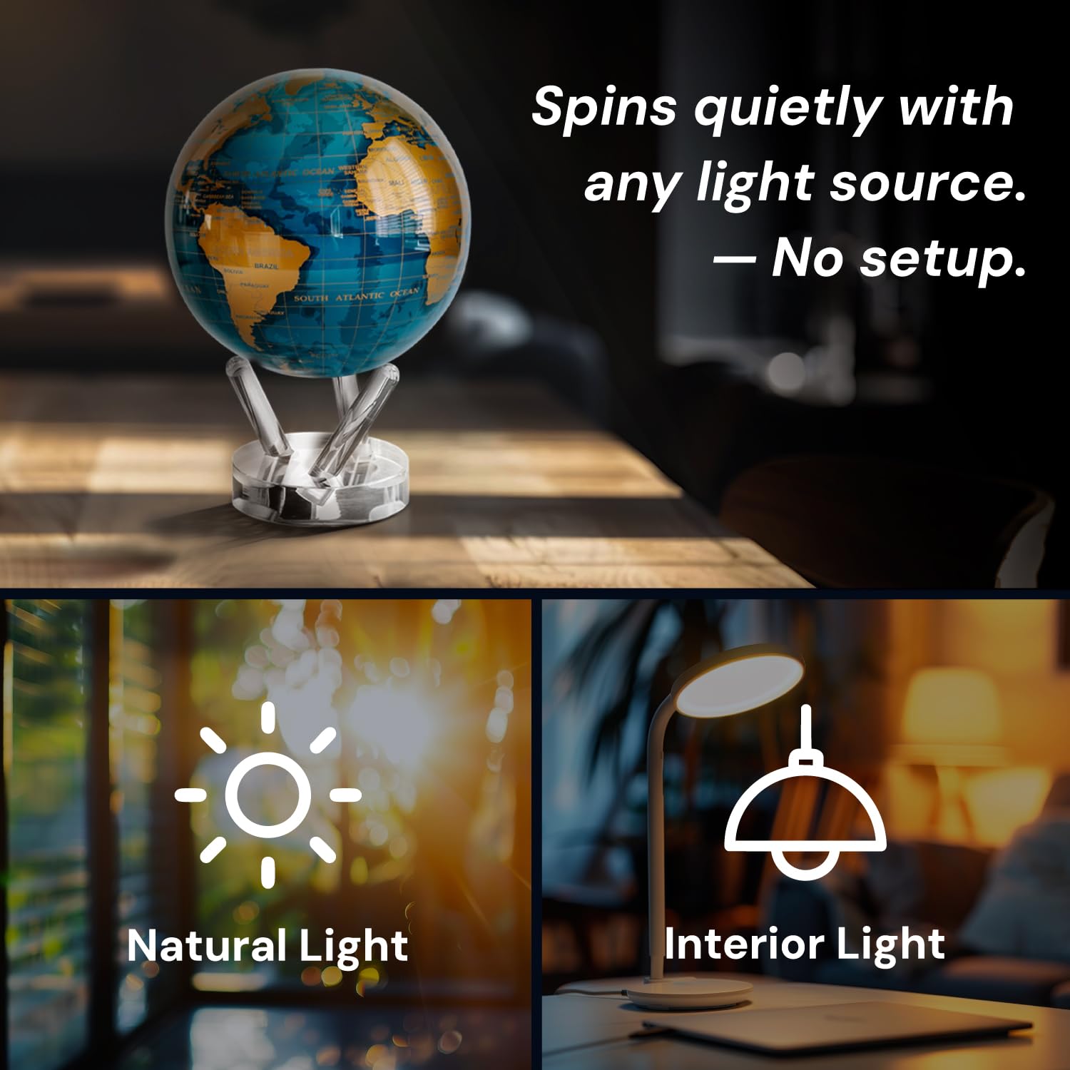 MOVA Globes Blu Ceruleo e Oro Signature (6") | Mappamondo Auto-Rotante a Energia Luminosa |Silenzioso, Senza Batterie né Fili |Decorazione da Scrivania o Idea Regalo Globo Spazio