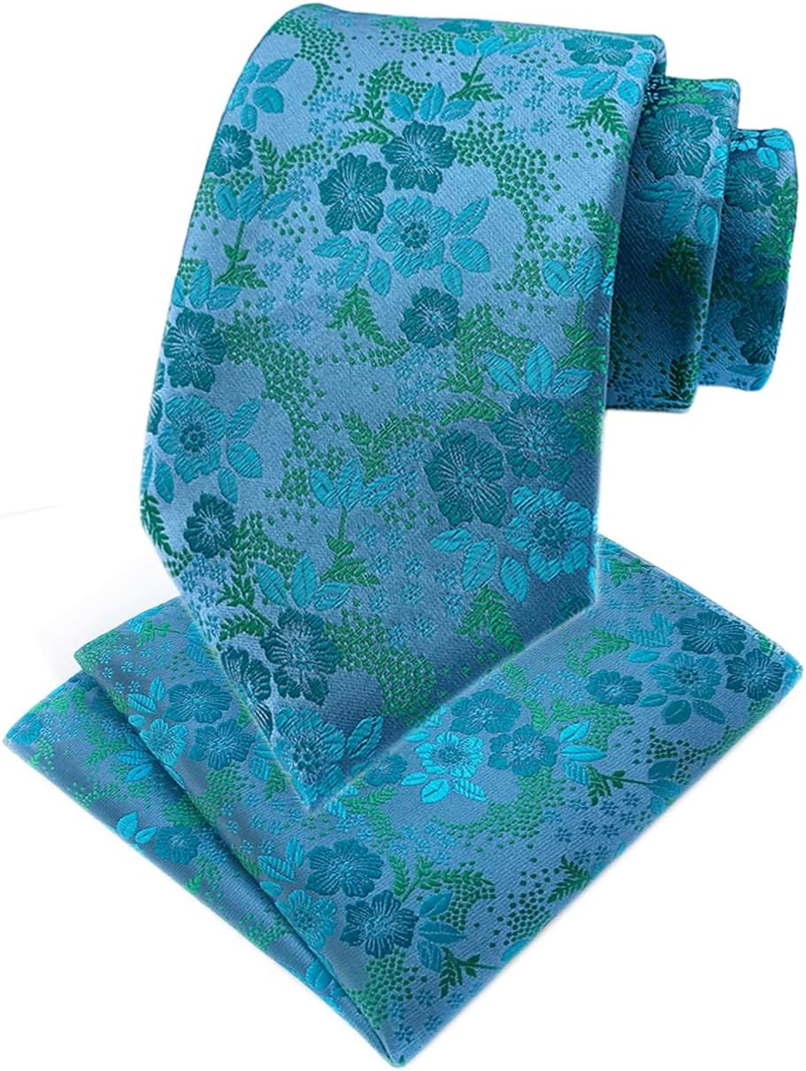 Mens Cravat Tie Set Luxury Floral Pattern Wedding Necktie with Pocket Square Set