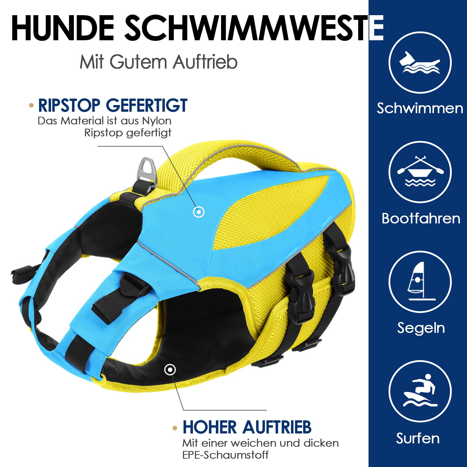 AOFITEE Schwimmweste Hund Klein, Verstellbar & Ripstop Hund Rettungsweste mit Rettungsgrif, Sicher Reflektierende Hunde Schwimmweste Hoher Auftrieb Hundeschwimmweste Kleine Hunde, Blau, S