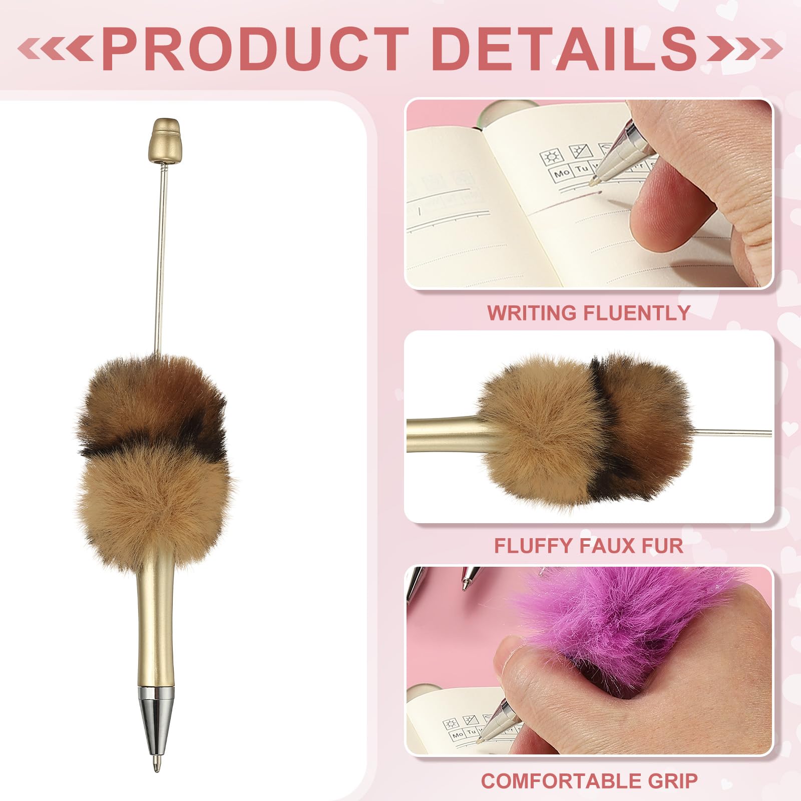 PATIKIL 5Pcs Fluffy Beadable Pens, Plush Fuzzy Plastic Bead Pen Bead Ballpoint for DIY Gift Writing Office Supplies Gold/Leopard - Image 3