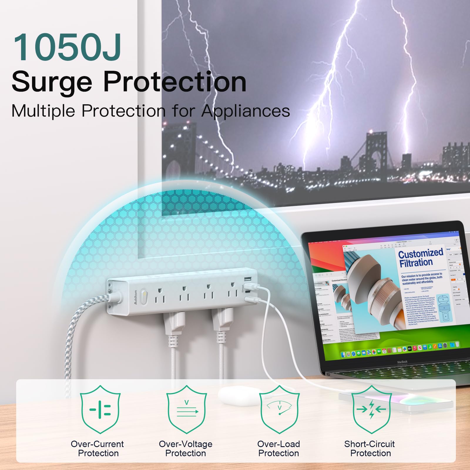 Tira de alimentación con protector de sobretensión, cable de extensión de 10 pies, regleta de alimentación con 12 salidas de CA ampliamente 3 USB, enchufe plano, protección contra sobrecarga de