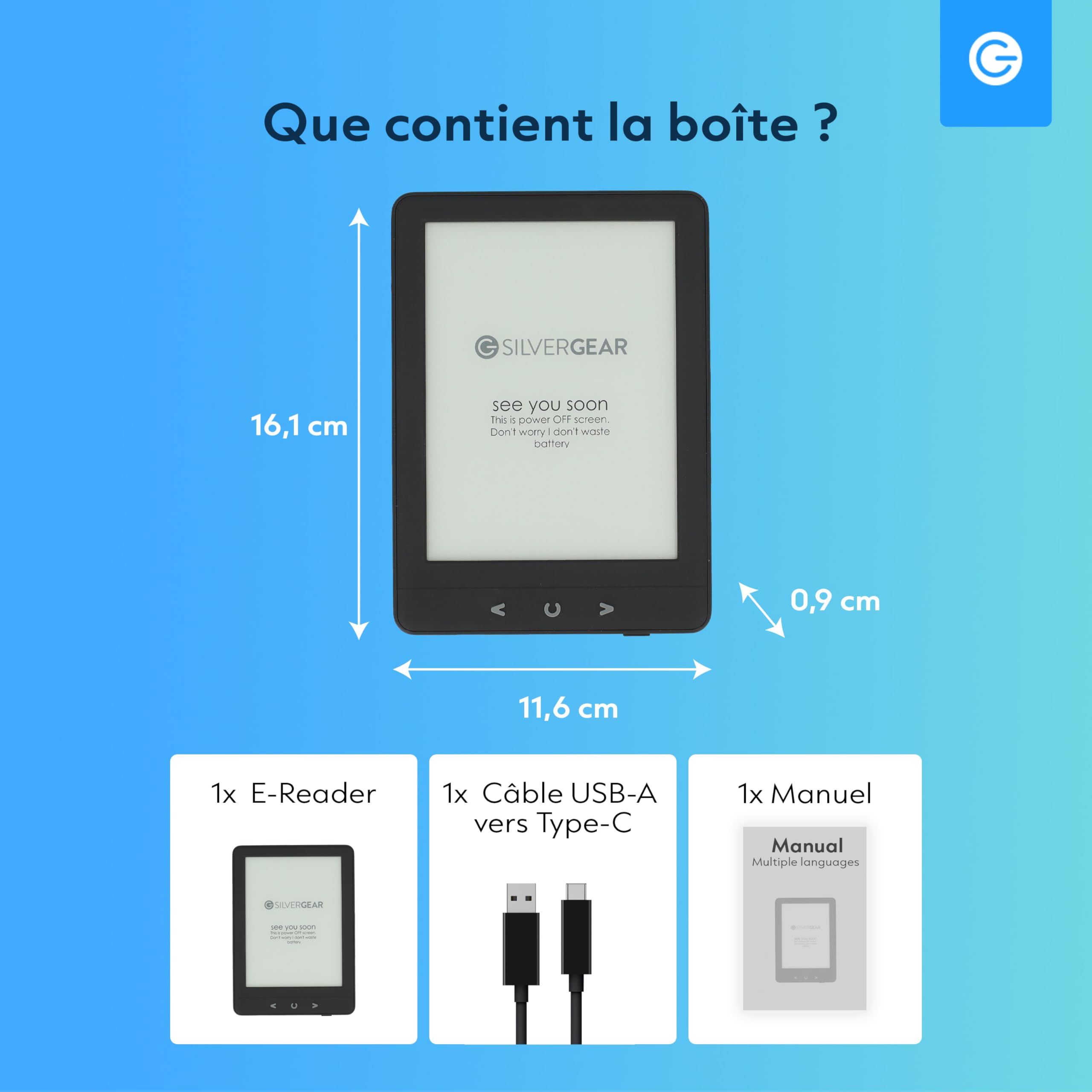 Silvergear® Ebook Reader avec Rétroéclairage | Écran Tactile E-Ink de 6 Pouces | Mémoire de 4 Go pour 3000+ E-Books | Pocketbook | Antireflet et Léger | Noir