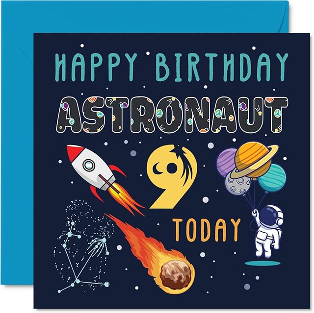 9th Birthday Card Boy - Space Astronaut Cosmos - Happy Birthday Card 9 Year Old Boy Girl, Nine Ninth Girls Boys Birthday Cards, 145mm x 145mm Greeting Card for Son Daughter Niece Nephew Grandson