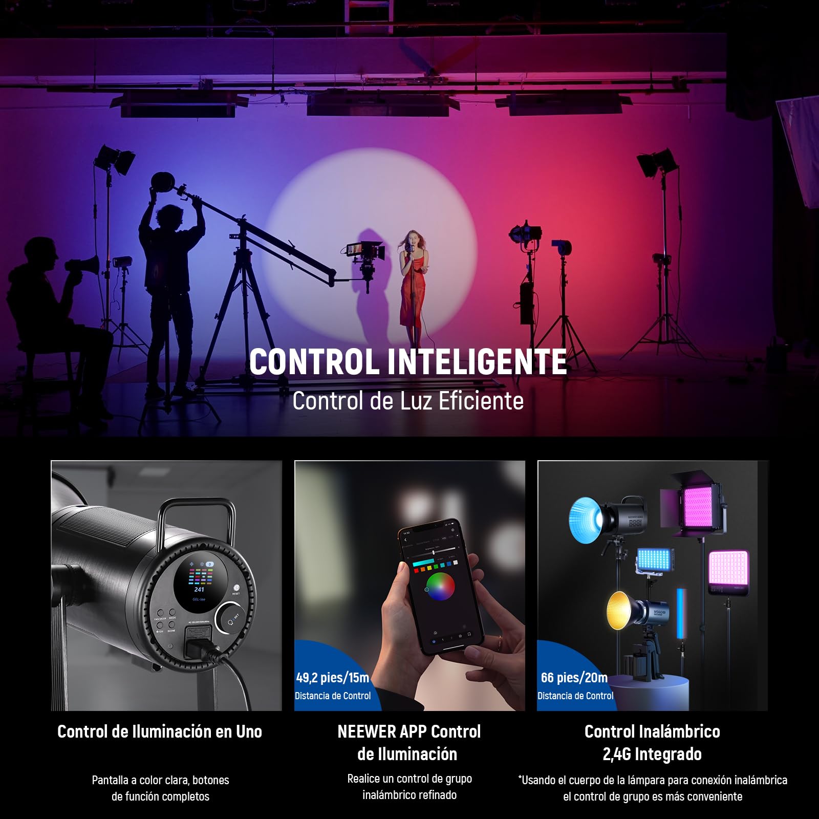 NEEWER CB 300C Luz Vídeo LED 300W con Reflector, Montaje Bowens, 155000Lux/1m 5600K COB Iluminación Continua CRI97+/TLCI97+ Foco Estudio Regulable, App/2,4G/Control Integrado para Grabación Películas