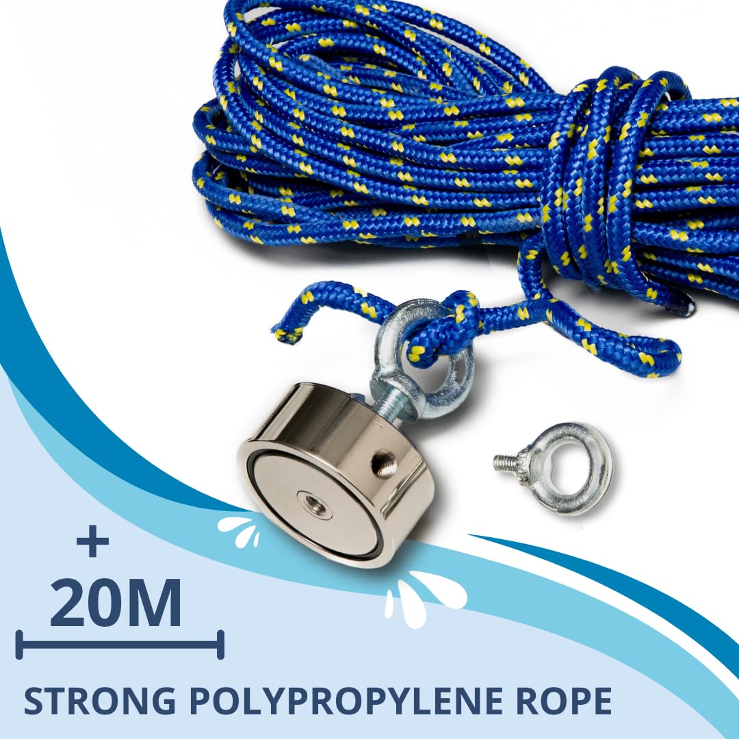ITALFITMAGNETI | Aimant de pêche avec double oeillet et corde (20 MT) - Force de 220,00 kg - Diamètre 67 mm x Épaisseur 28 mm Trou M10 à visser